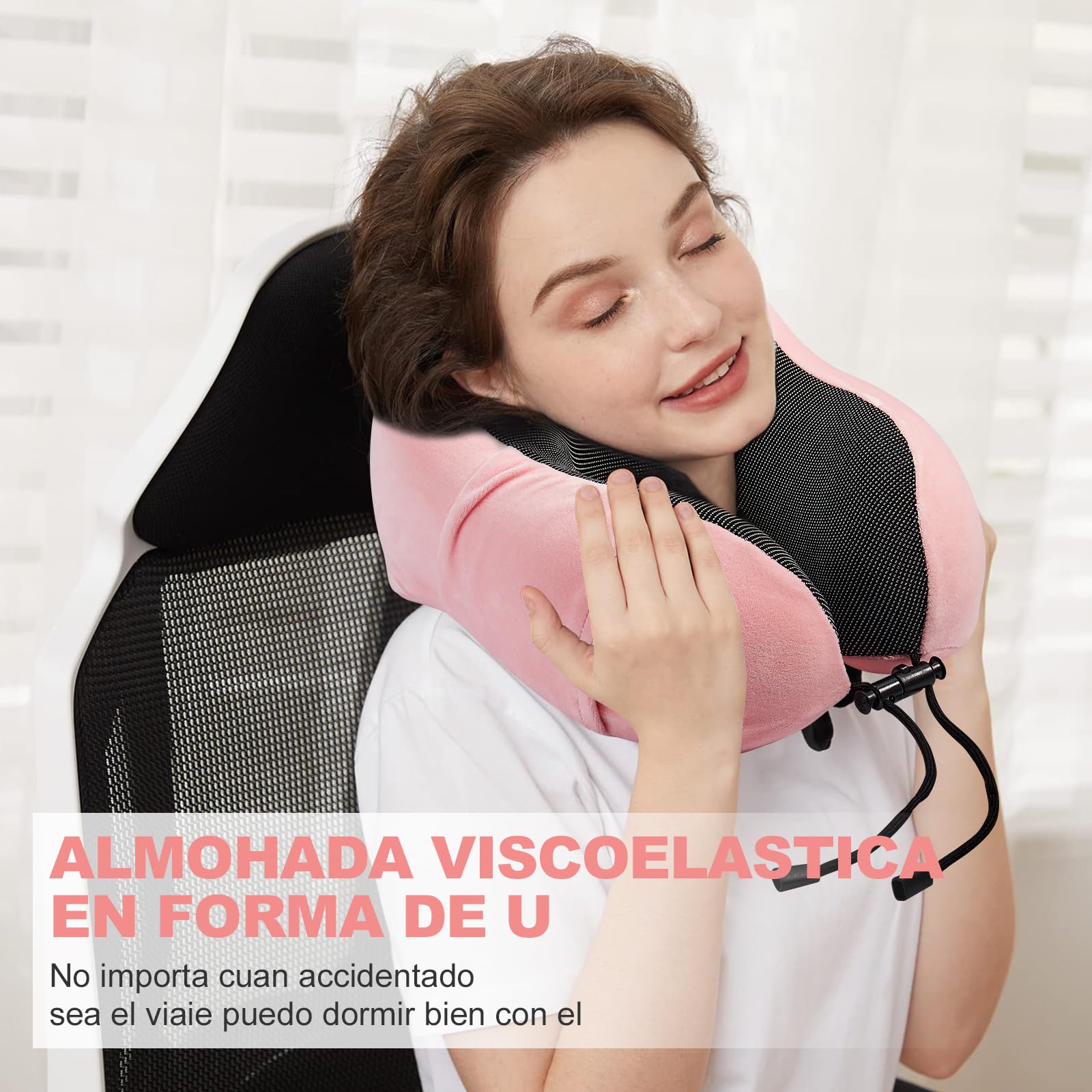 Almohada de Viaje, Almohada de Cuello Viscoelástica de Espuma de Memoria con Máscara de Ojos, Tapones para los oídos y Nariz, y Bolsa con Cordón, Soporte de Cuello para Avión, Oficina y el Hogar(Rosa)