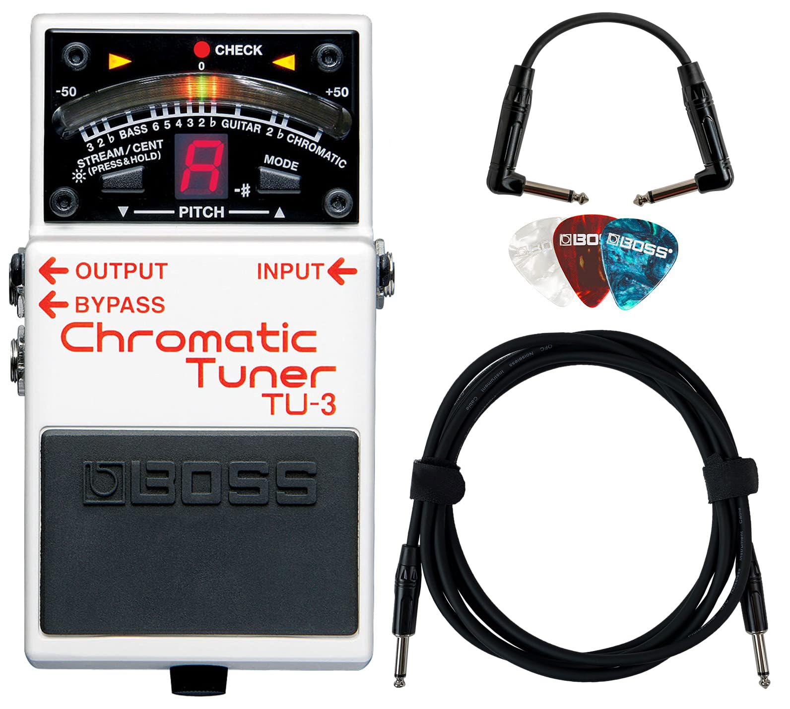 Boss TU-3 - Pedal de afinador cromático - Paquete con cable de instrumento Gearlux, cable de conexión y púas