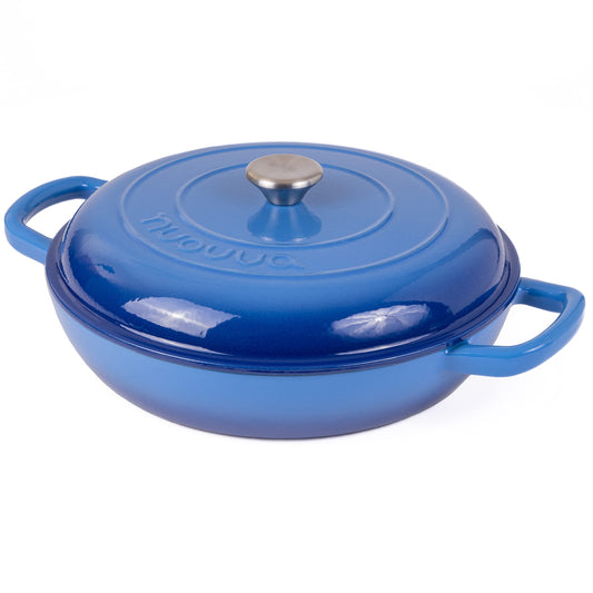 Nuovva - Horno holandés de hierro fundido con tapa, antiadherente poco profundo, apto para horno hasta 500 °F - Olla de cocina resistente - Olla esmaltada - Azul oscuro, 3.7 cuartos de galón, 30 cm