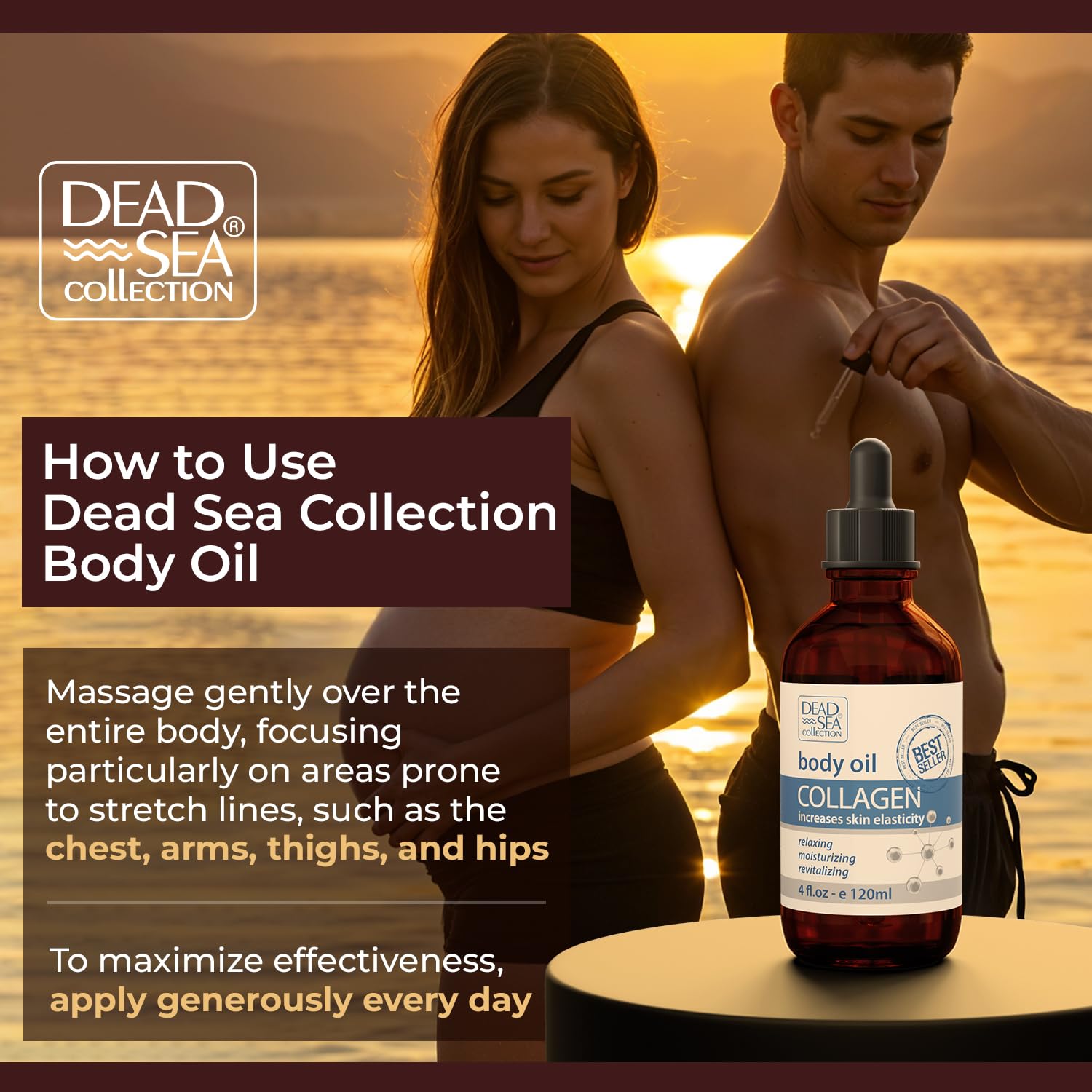 Dead Sea Collection Aceite corporal con colágeno – Hidratante para piel seca y aceite de masaje hidratante – Aceite de baño nutritivo – Aumenta la elasticidad de la piel y proporciona apoyo antienvejecimiento (4 fl.oz)
