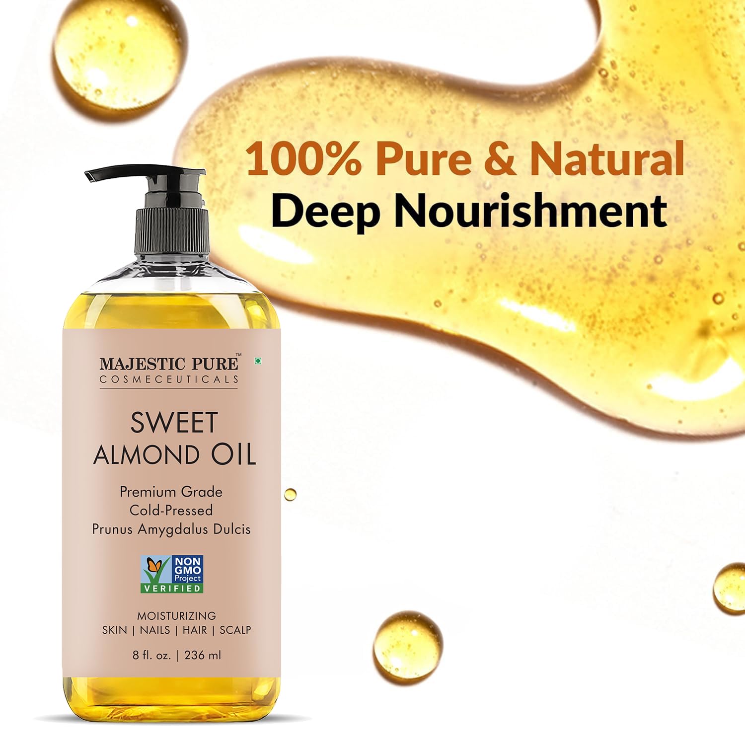 MAJESTIC PURE USDA Organic Sweet Almond Oil | Cold Pressed Oil Sweet Almond Oil for Skin, Face, Nails, Hair, Scalp & Massage | 8fl oz