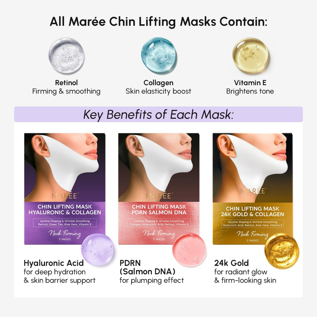 MAREE- Mascarilla reafirmante de mandíbula para mentón y cuello: la mascarilla reafirmante V Line de MAREE es perfecta para reafirmar la mandíbula. Esta mascarilla reafirmante antiarrugas de colágeno