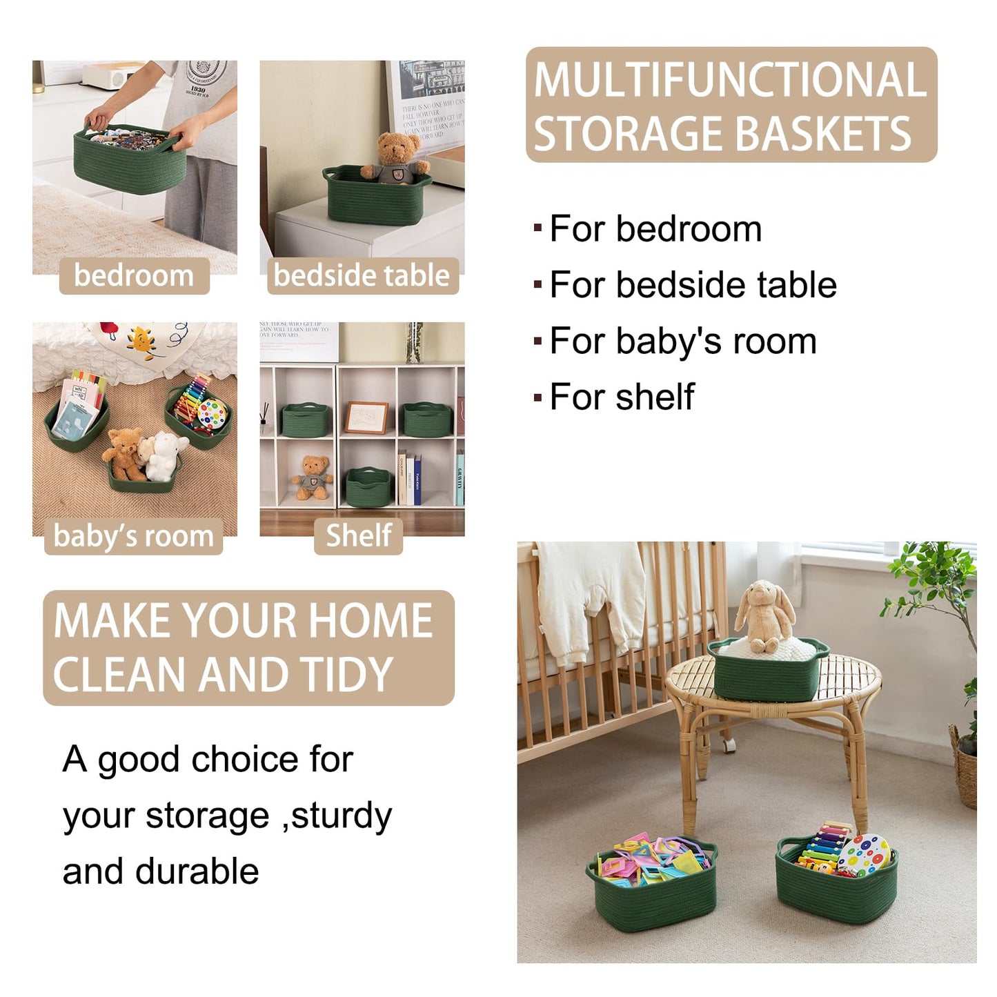 OIAHOMY - Cestas tejidas de cuerda de algodón para almacenamiento, cesta de almacenamiento rectangular para guardería con asas para estantes, paquete de 3, verde