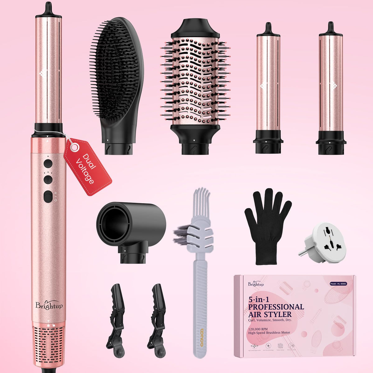 Cepillo Secador de Pelo Brightup Alta Velocidad 1400 W iones Negativos Doble Voltaje 5 en 1 Sin Daños