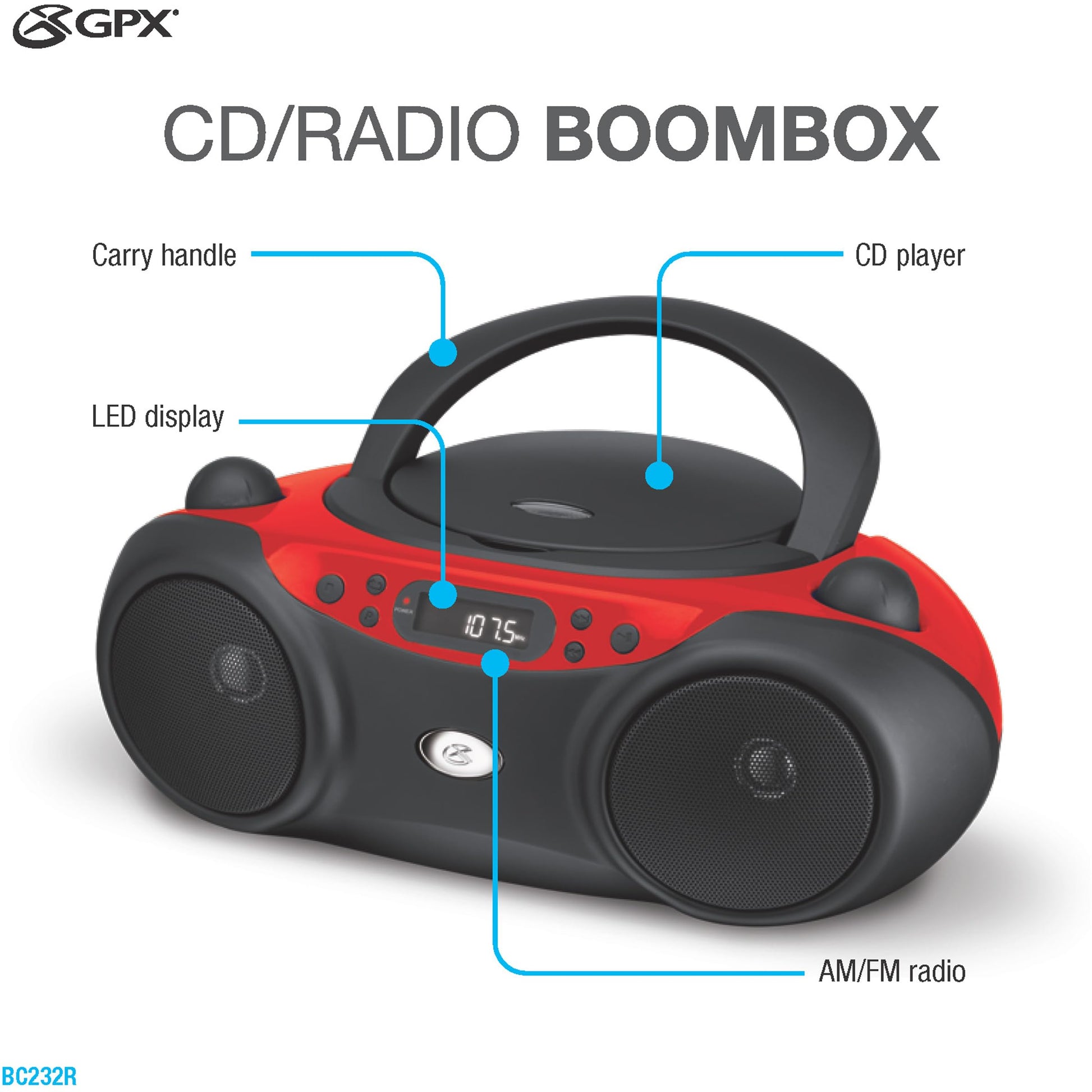 GPX, Inc. Portacasetera para CD de carga superior con radio AM/FM y entrada de línea de 3.5 mm para dispositivo MP3, rojo/negro