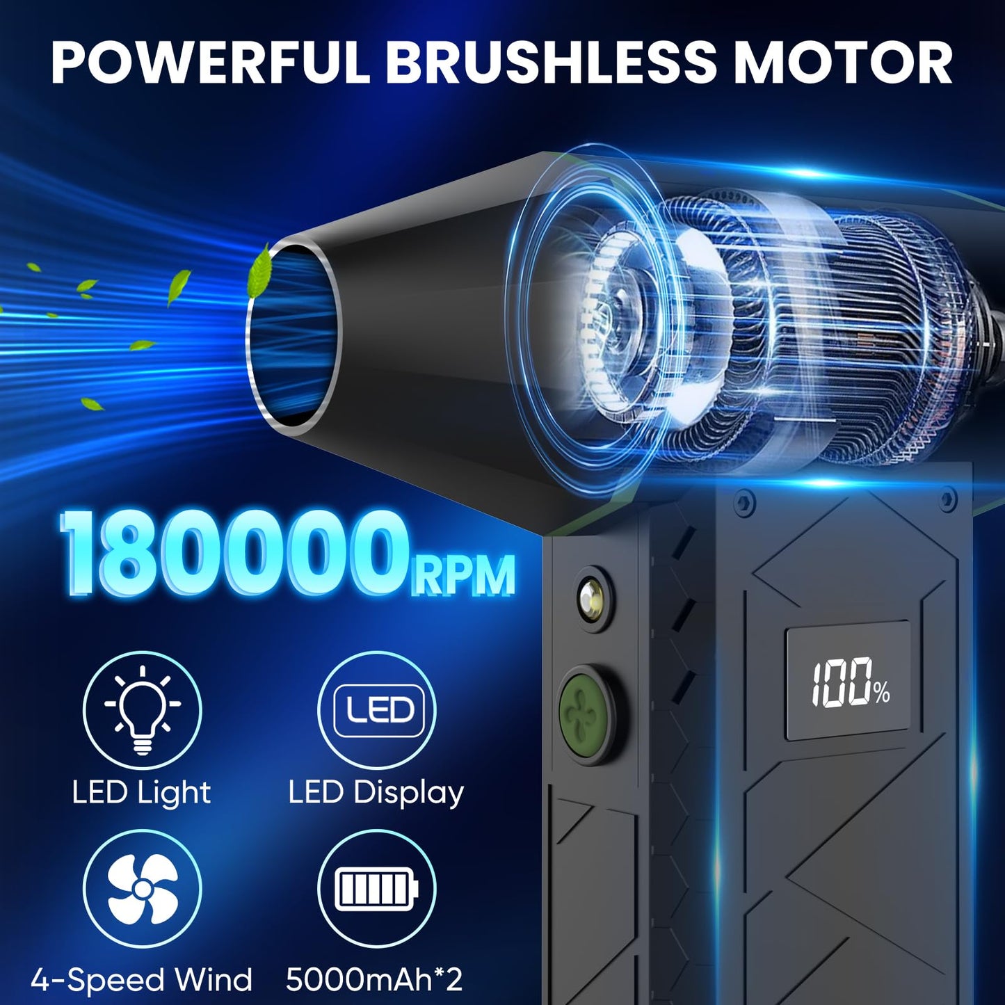 AUKZON Plumero de Aire Comprimido Eléctrico 180000 RPM 4 Velocidades con Linterna LED Recargable 10000 mAh Multiusos para Hogar Oficina Exterior y Coche