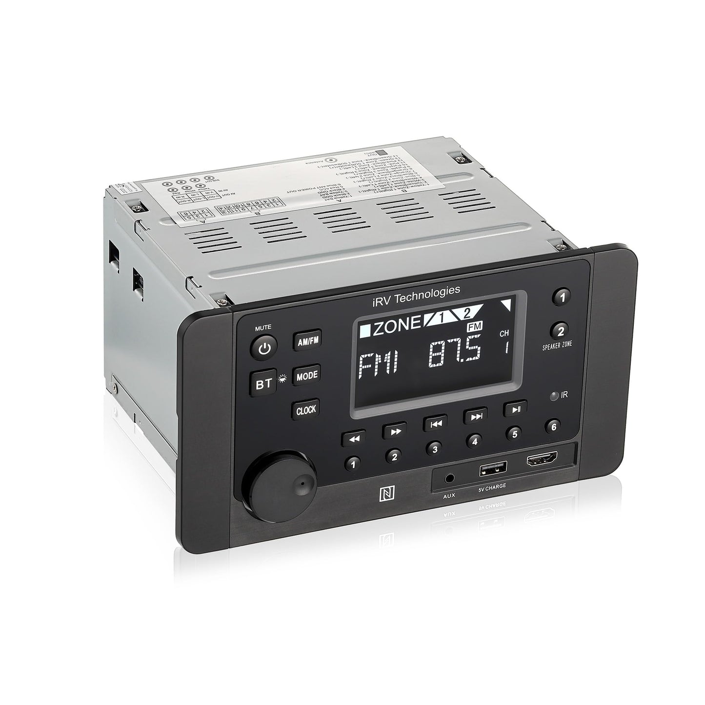 IRV Technology Mechless Wallmount RV estéreo 2 Zonas con Bluetooth HDMI ARC, Control de aplicación, Am/FM/App, NFC, Carga USB, Sonido Envolvente Digital, Reloj, Soporte CEC (2 Zonas + 4 Altavoces)