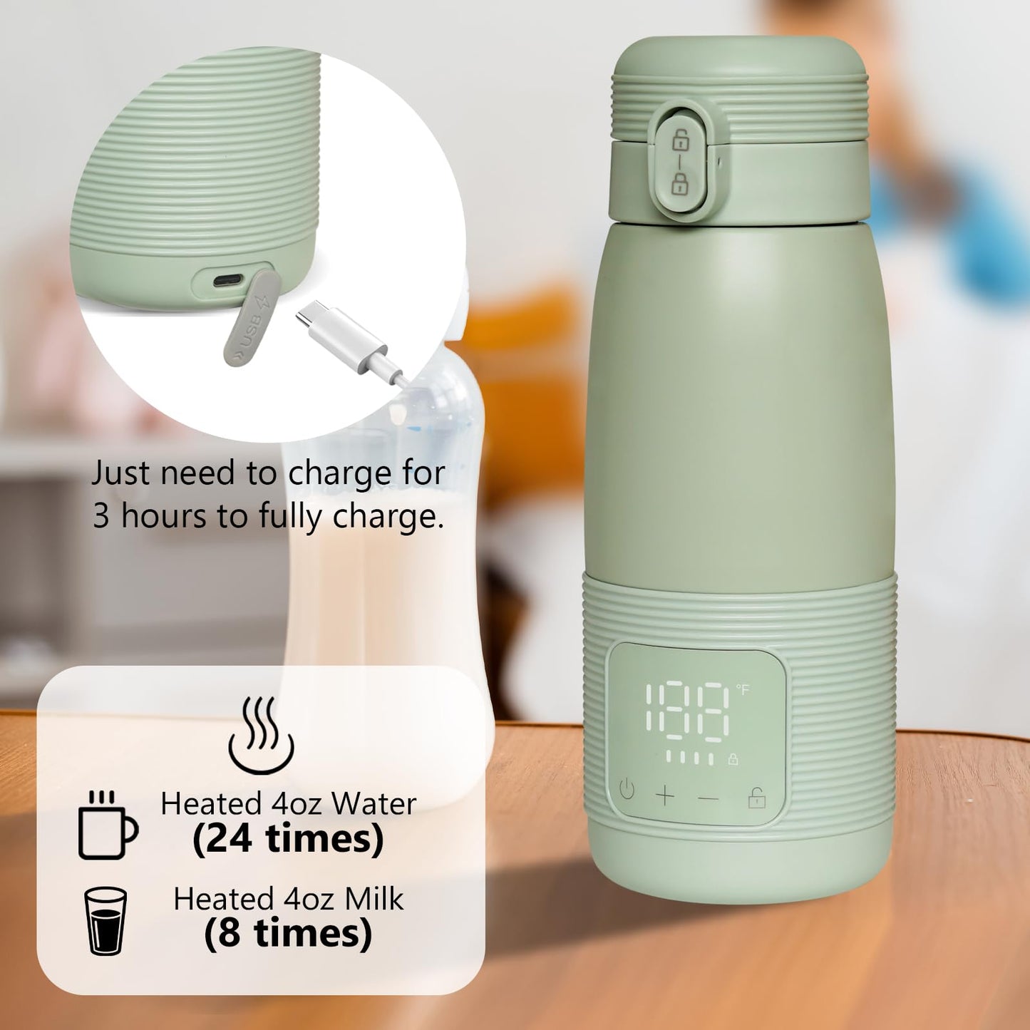 CUXFLS Calentador de biberones portátil para viajes: carga ultrarrápida y calentamiento en 5 minutos para leche materna, fórmula y agua, gran capacidad de 500 ml, ideal para viajes en coche, avión o v
