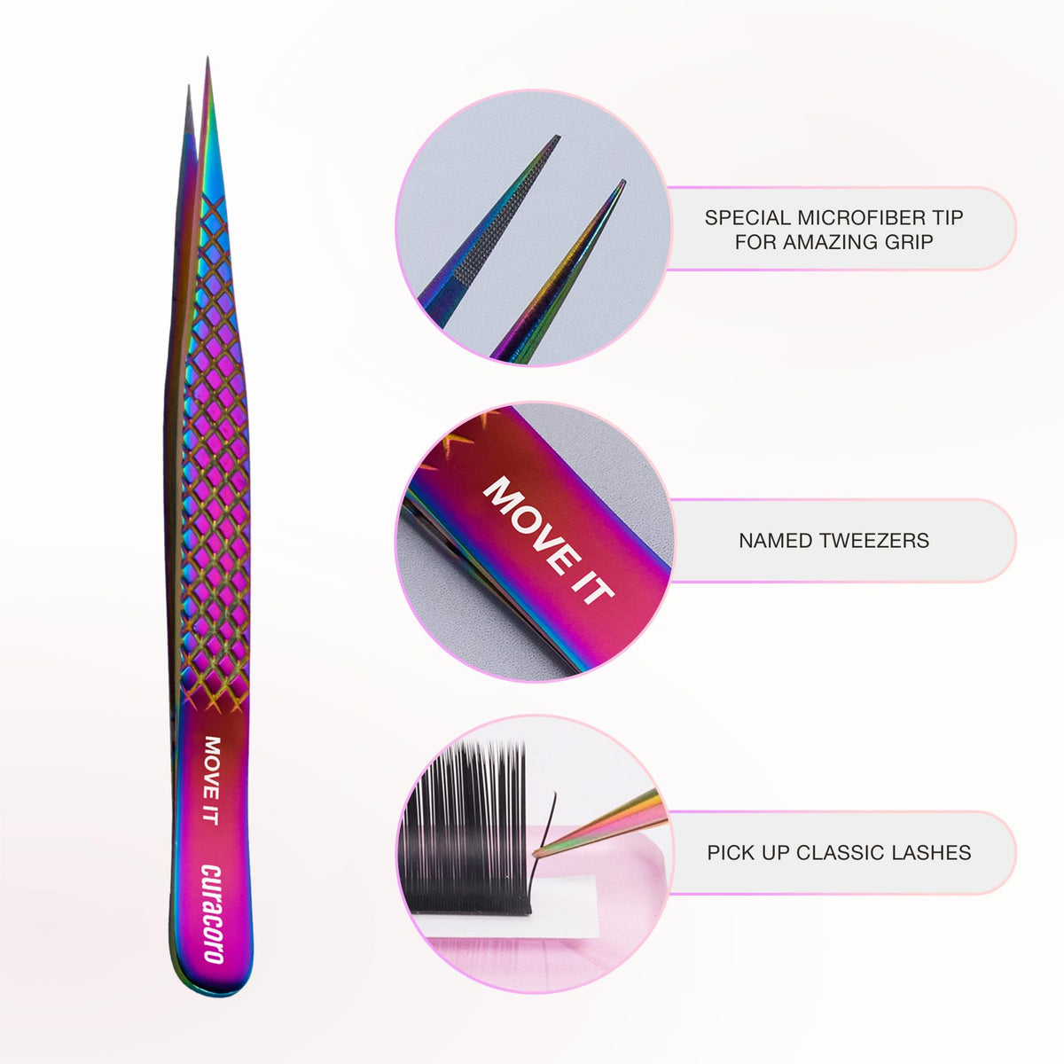 Curacoro Pinza de pestañas – Pinzas profesionales y de precisión para extensiones de pestañas, multiformas y propósitos, pinzas para volumen, aislamiento y pestañas clásicas (galaxia, muévela)