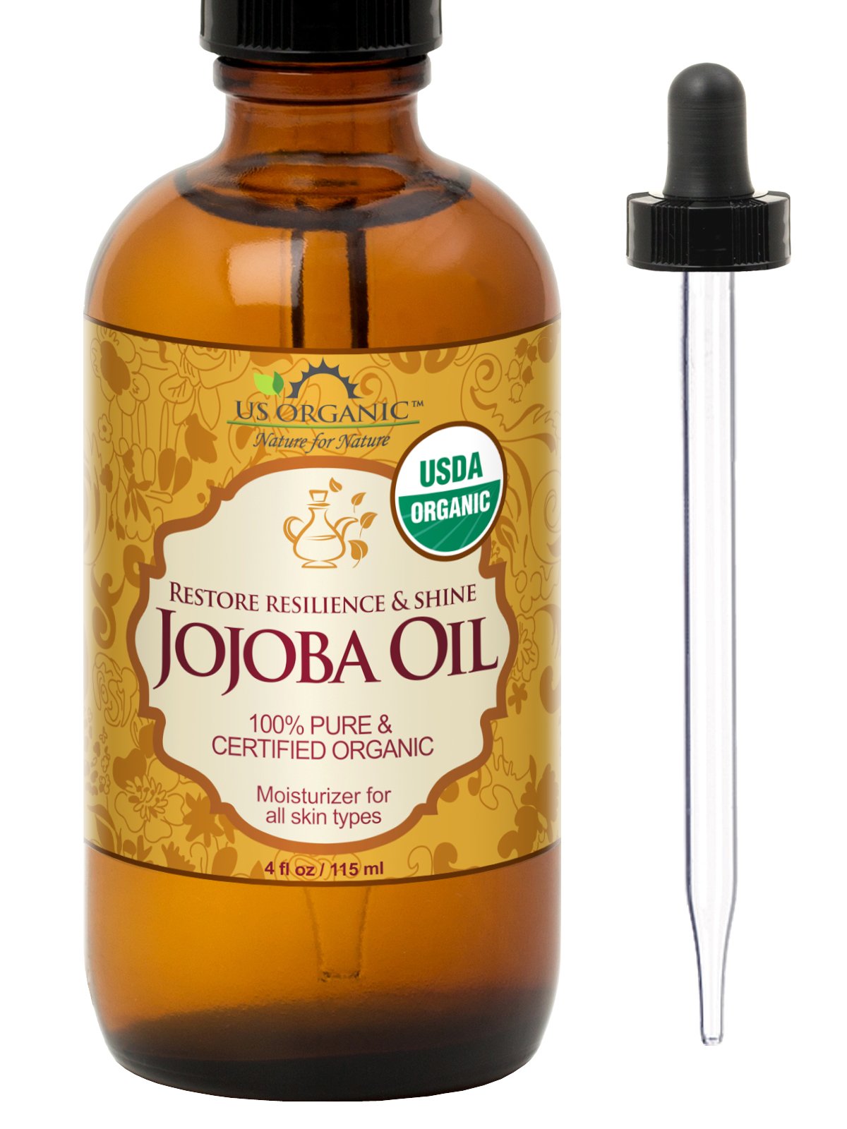 US Organic, Aceite de Jojoba, Certificado Orgánico por USDA, 100% Puro y Natural, Prensado en Frío, Virgen, Sin Refinar, Libre de Hexano, Botella de Vidrio Ámbar (115 ml)