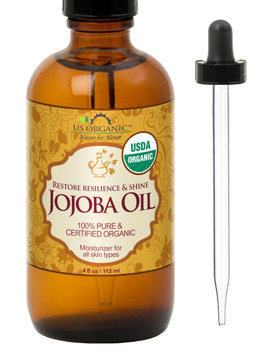 US Organic, Aceite de Jojoba, Certificado Orgánico por USDA, 100% Puro y Natural, Prensado en Frío, Virgen, Sin Refinar, Libre de Hexano, Botella de Vidrio Ámbar (115 ml)
