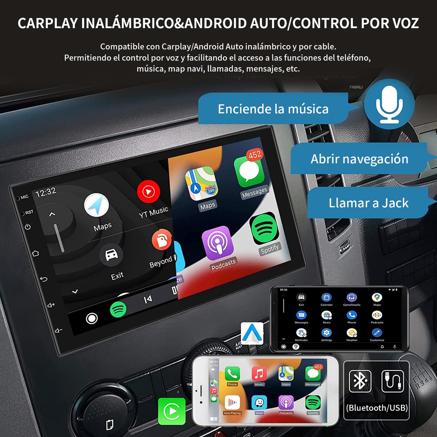FINYQBET 7 Pulgadas Pantalla Inalámbrica Estéreo para Coche C1060N,2+32G Estéreo para Pantalla Carplay para Auto con Carplay， Pantalla HD Mirrorlink,FM,GPS,Bluetooth,RAC y más