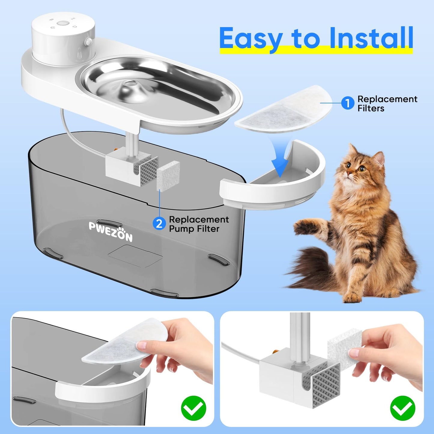 Cormix - Filtro de fuente de agua para gatos Pwezon de 4 L, paquete de 4 filtros de repuesto para fuentes de mascotas con 4 esponjas de filtro de bomba de agua