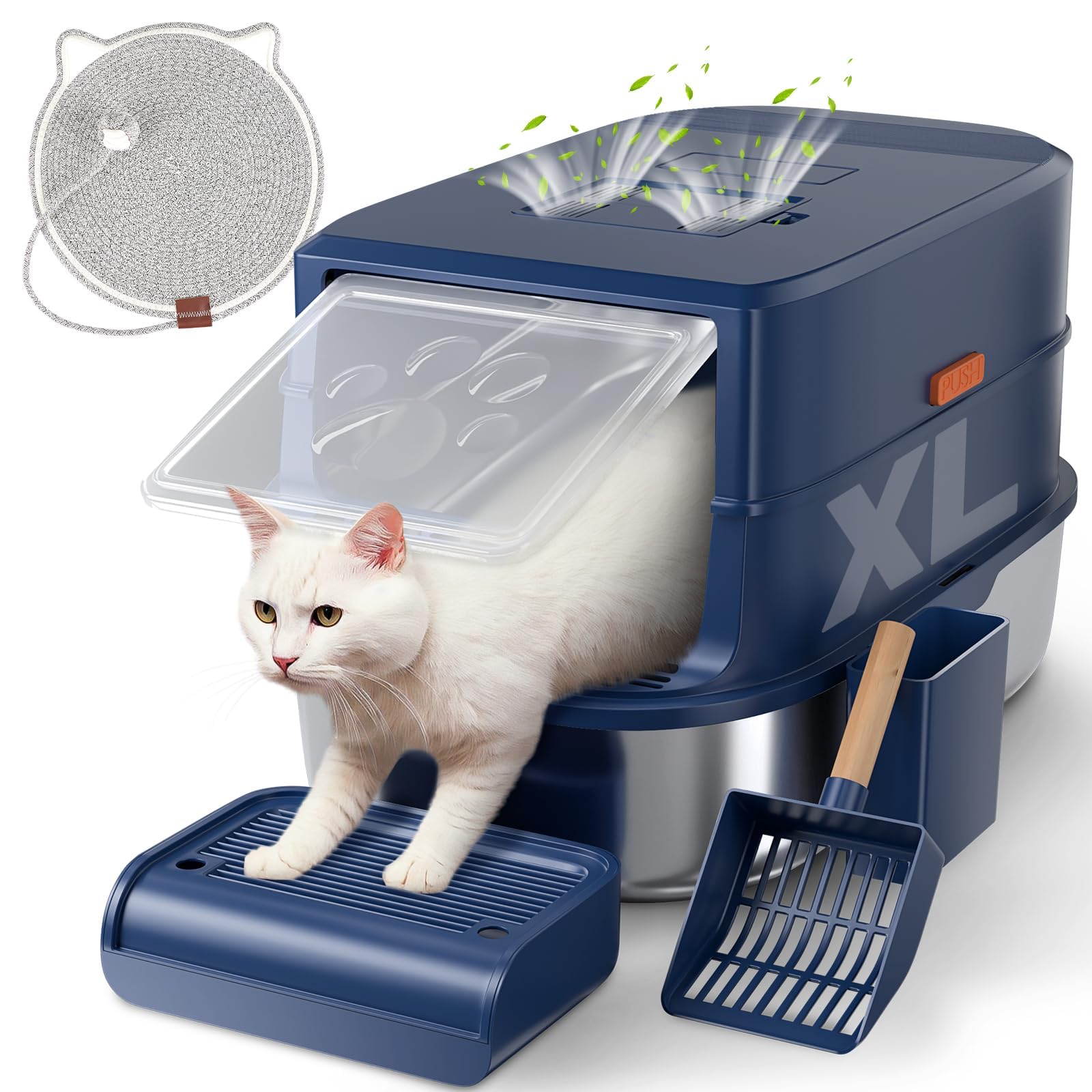Rykostex Arenero de Acero Inoxidable con Tapa para Gatos - Arenero Cerrado 3 En 1 XL, Extragrande, con Control de Olores, de Metal, para Varios Gatos Grandes. Incluye Escalón, Pala Y Rascador.