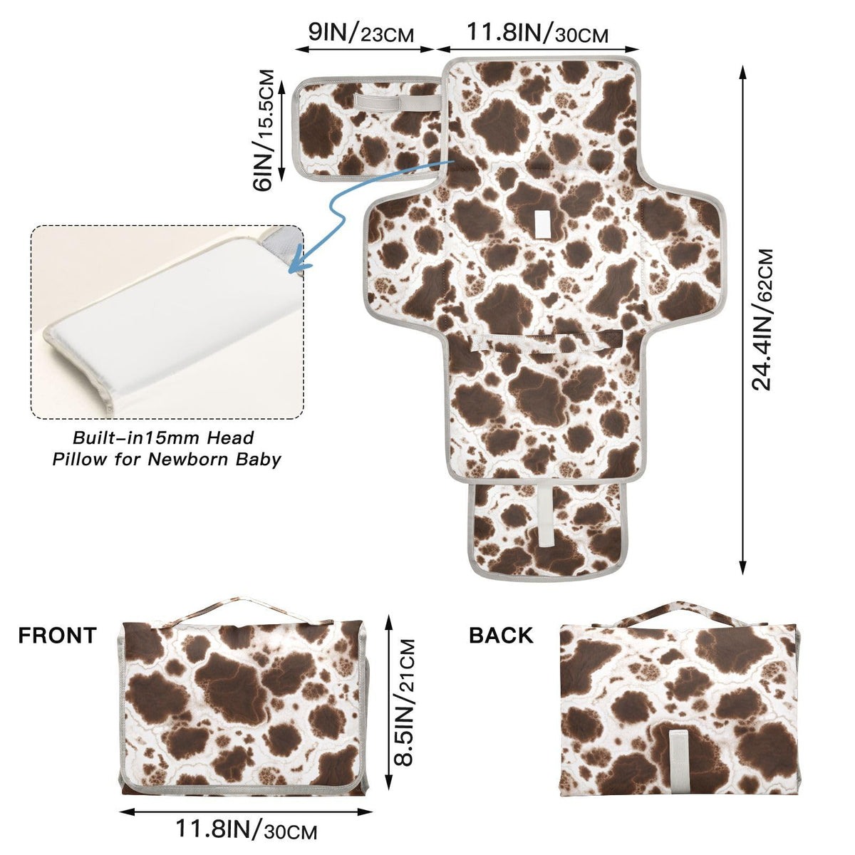 GOODOLD - Cambiador portátil para bebé - Cambiador de pañales de viaje de vaca negra impermeable con almohada incorporada, regalos de baby shower