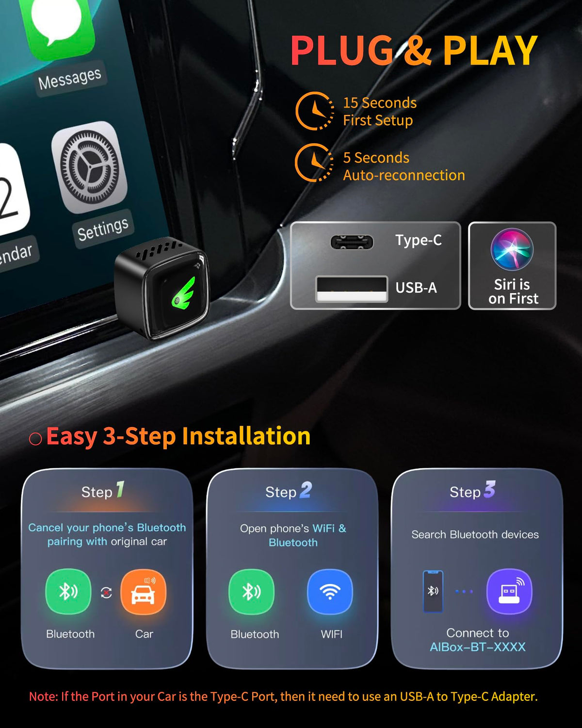 Adaptador Inalámbrico CarPlay iPhone y Android Auto Converter Plug and Play para Coches 2016+