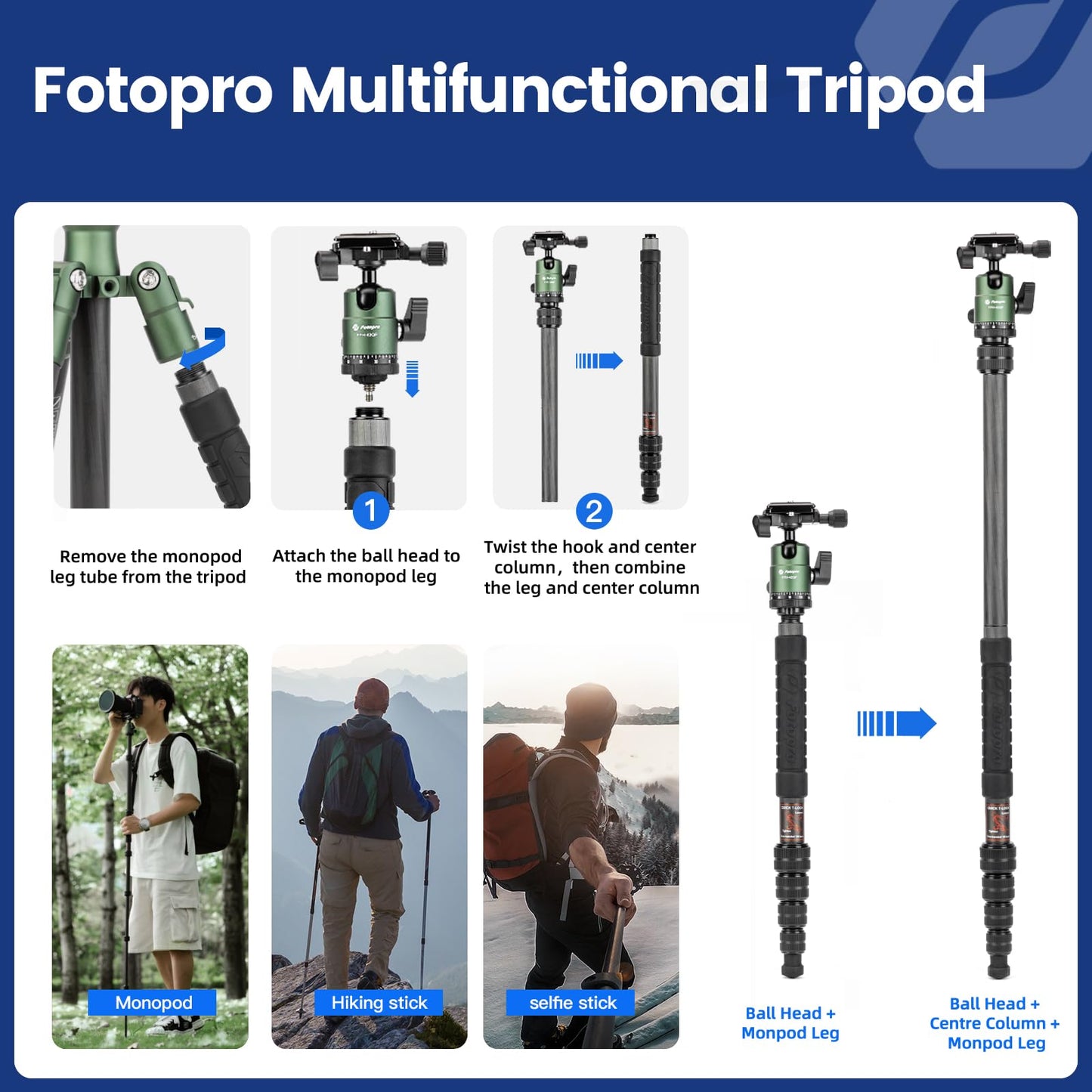 Fotopro - Trípode de viaje de fibra de carbono de 59 pulgadas, trípode de cámara compacto con cabeza de bola de metal, monopie desmontable con placa de liberación rápida y bolsa, carga hasta 8 kg