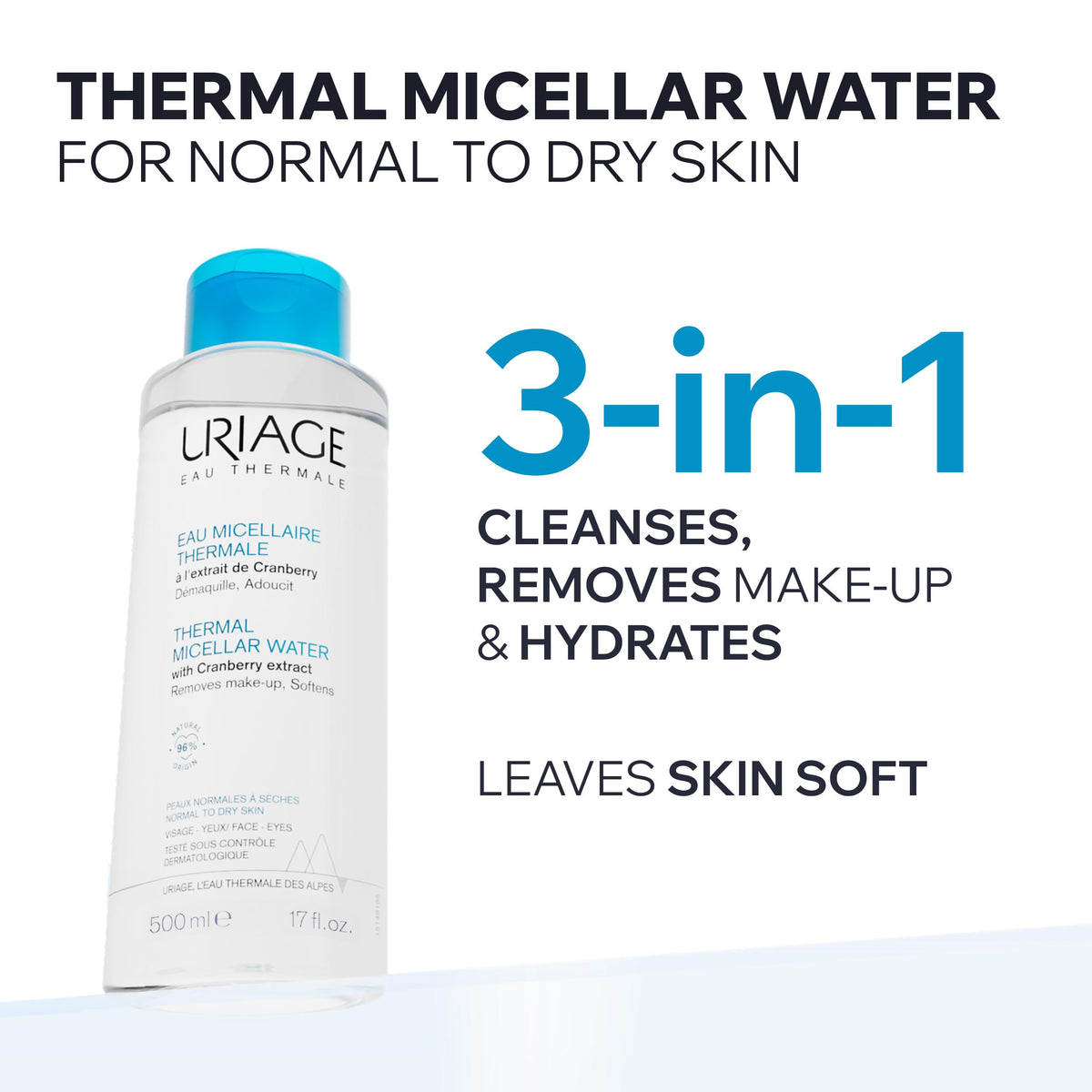 Uriage Agua Micelar termal para piel normal a seca 500ml – desmaquilla, suaviza e hidrata – con extracto de arándanos, agua termal y patente LN MODUL