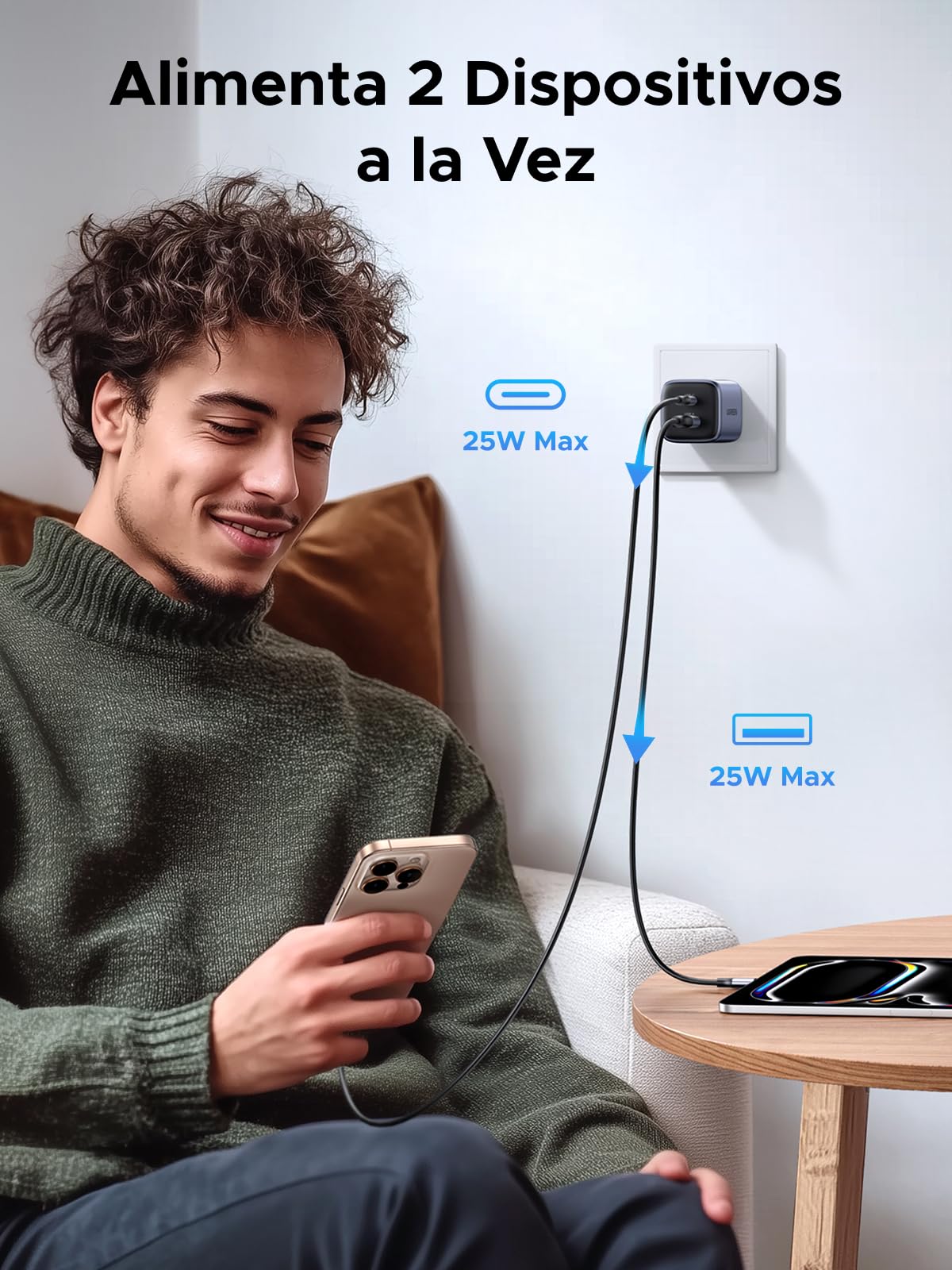 Cargador Tipo C UGREEN Nexode 35W GAN Negro con 2 Puertos para Galaxy S24/S23/S22, iPhone 16 15 14 Pro MAX, MacBook, iPad