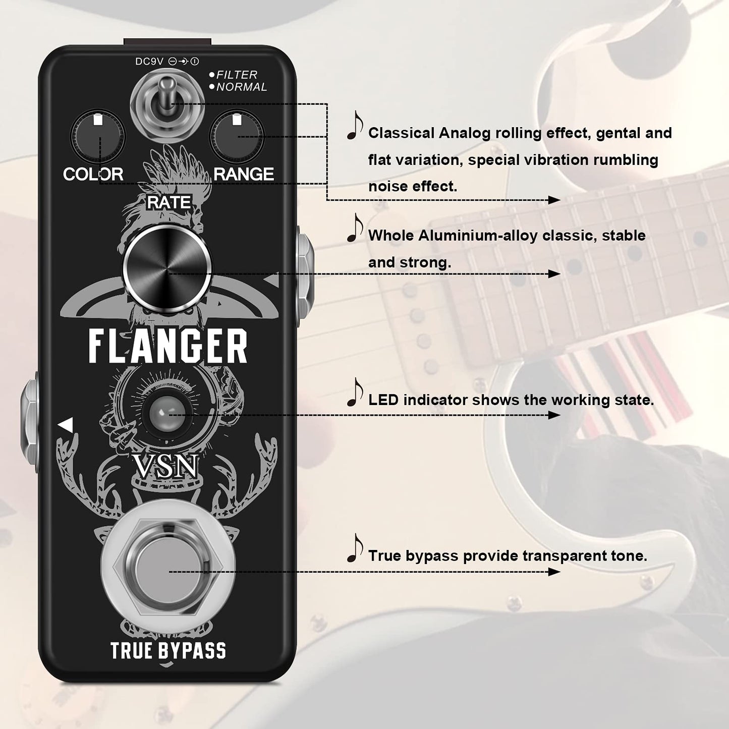 VSN Guitar Flanger Pedal for Analog Flanger Effect Pedals Classic Metallic Flanger Sounds Effect As Ture Tone 2 Modes Best Retro Sound Effect