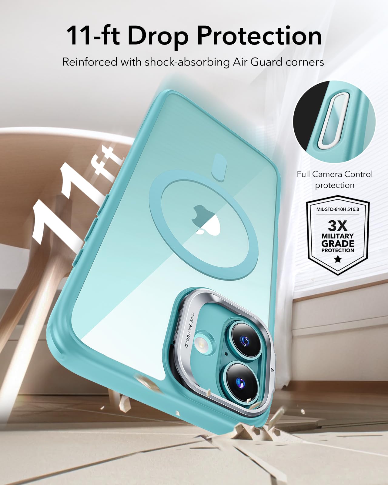 ESR - Funda para iPhone 16, botón de control de cámara compatible con MagSafe, protección de grado militar, soporte integrado, funda trasera resistente a arañazos, clásica, verde transparente