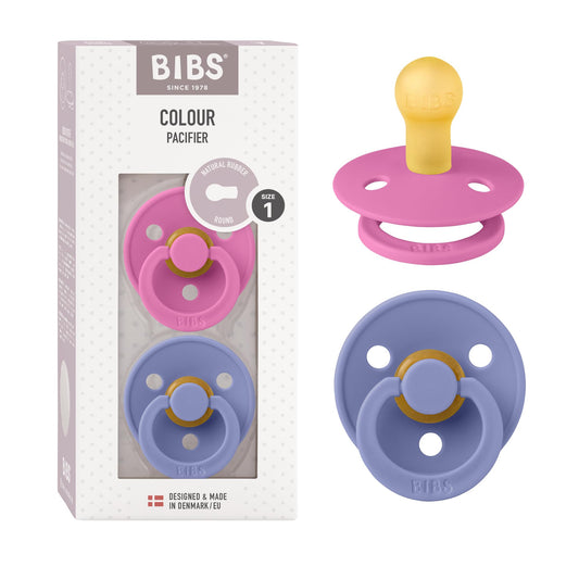 BIBS Chupones Colour Pack de 2, Tetina redonda de látex natural, Talle 1, Color Bubblegum/Peri, 0 a 6 meses, Hecho en Dinamarca