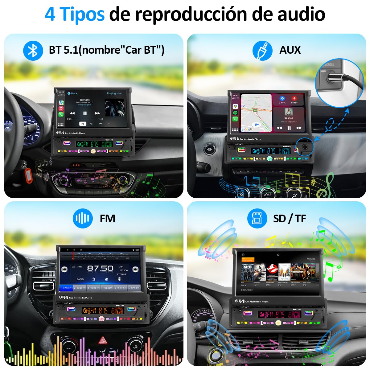 HIMICAR Estereo Retráctil 7 Pulgada con Enlace Espejo Autoestéreo Reproductor MP5, Bluetooth 5.0, Entrada Auxiliar, Radio FM, USB, TF, Cámara de Visión Trasera