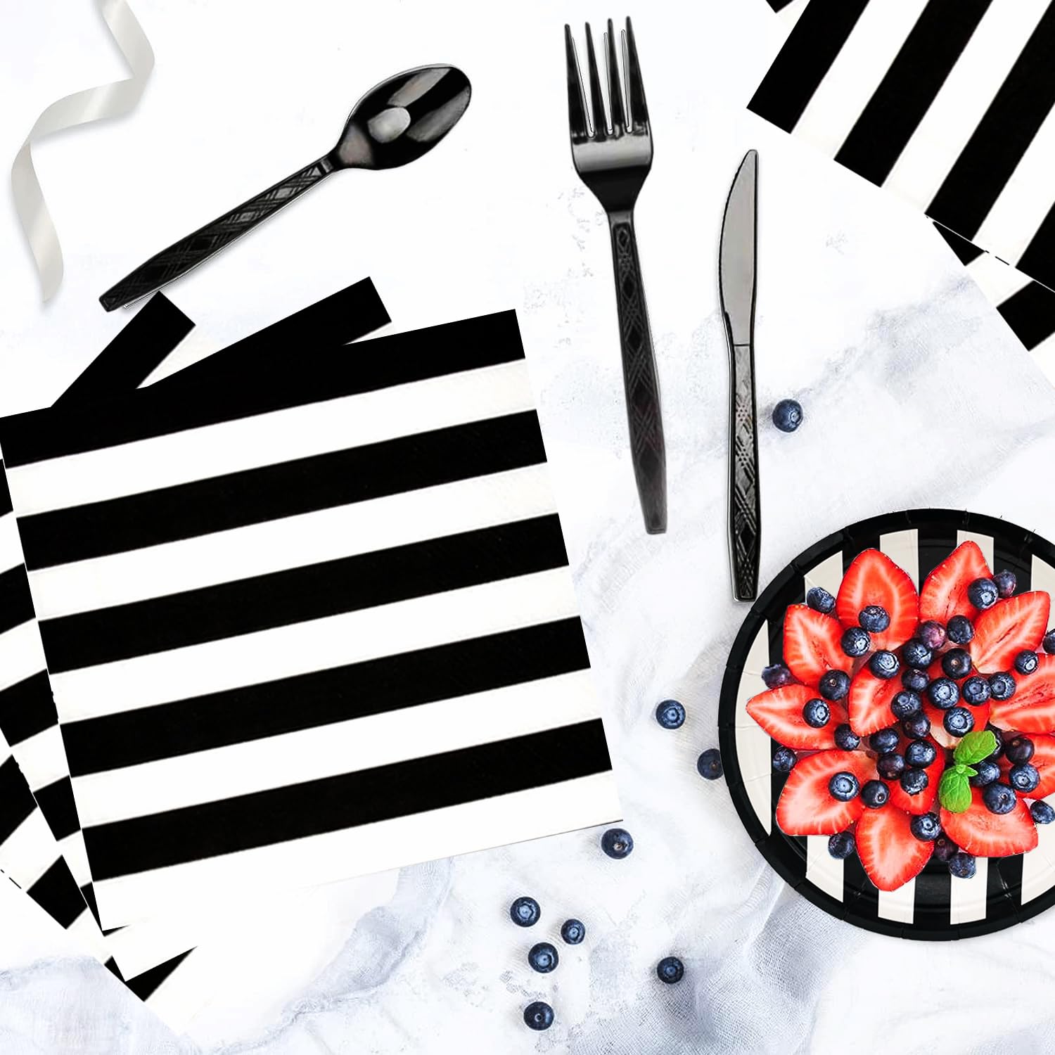 Suministros de Fiesta Serve25 Blanco y Negro Platos de Papel Rayados 175 Piezas