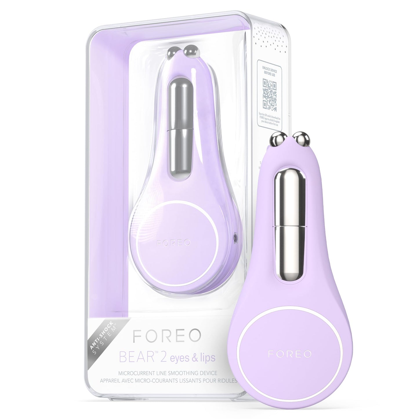 FOREO BEAR 2 Eyes & Lips - Masajeador facial reafirmante microcorrientes - Aparato radiofrecuencia facial - Masajeador ojos antiojeras - Tratamiento arrugas - Lavander