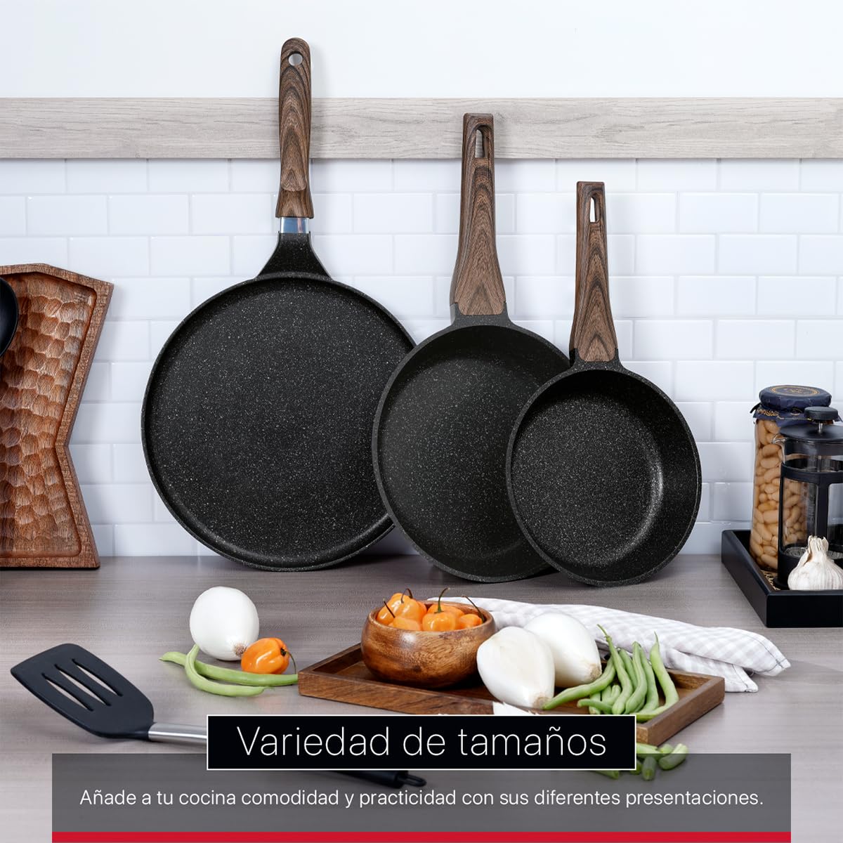Cookify Set de 3 piezas (Sarten 20 y 24 cm y Crepera 28 cm) Antiadherente de Mármol (Negro)