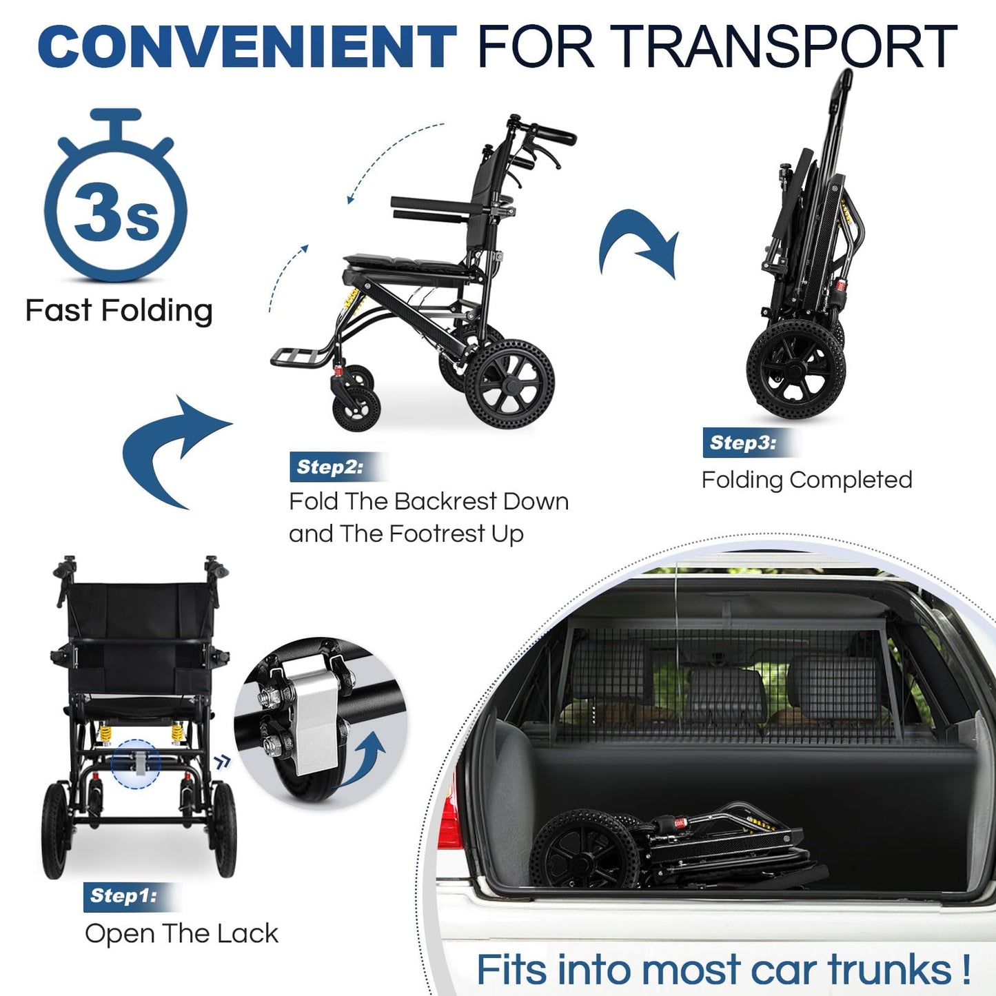 Silla de Ruedas de Viaje Ligera y Plegable con Mango Telescópico y Rueda Trasera Grande de 12 Pulgadas para Adultos