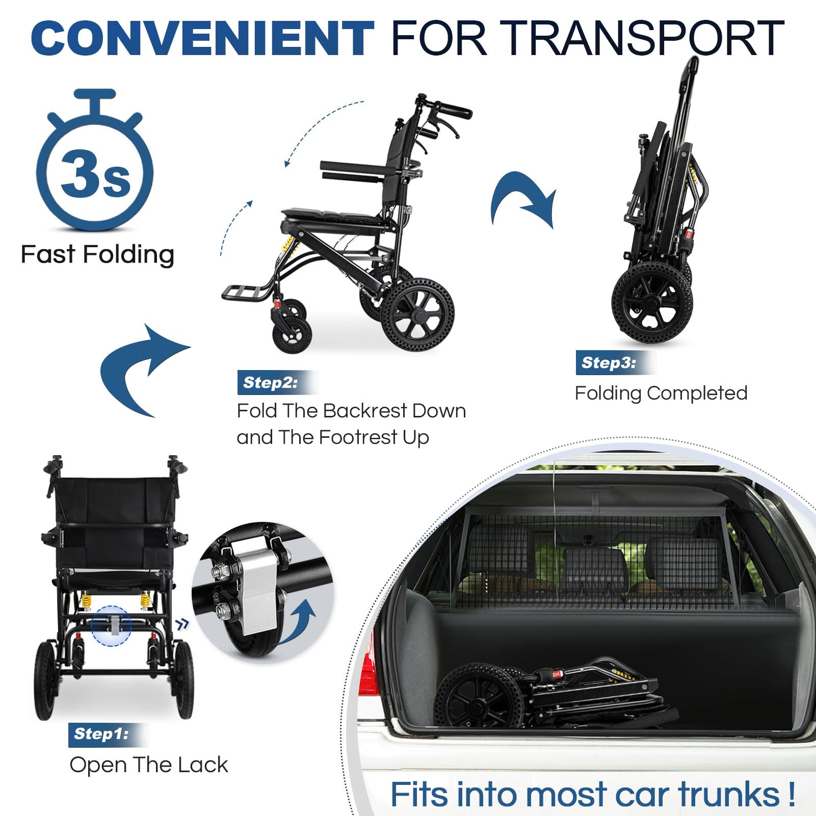 Silla de Ruedas de Viaje Ligera y Plegable con Mango Telescópico y Rueda Trasera Grande de 12 Pulgadas para Adultos