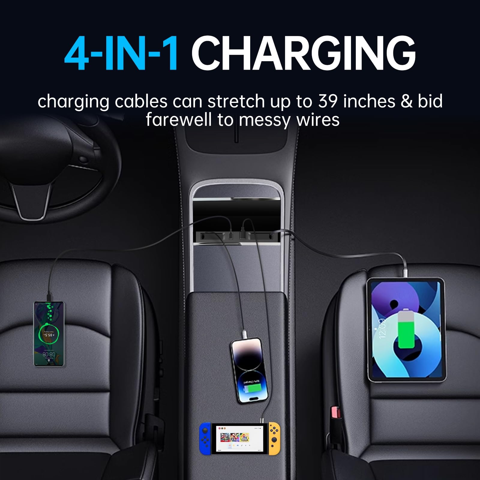 DGXWLLW Hub USB para Tesla Model Y Juniper 2025 2026 Modelo 3 Highland 2024 2025 con diseño hundido, 99W 4 en 1 Multi puertos Cargador rápido con cable retráctil estación de acoplamiento adaptador de