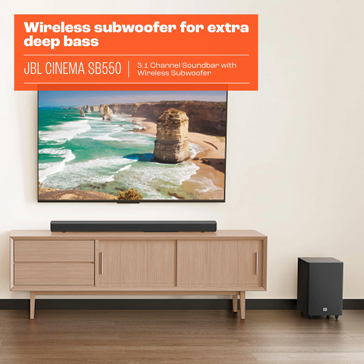Barra de Sonido JBL Cinema SB550 Negro Bluetooth 3.1 con Subwoofer y Dolby Audio 250W HDMI eARC