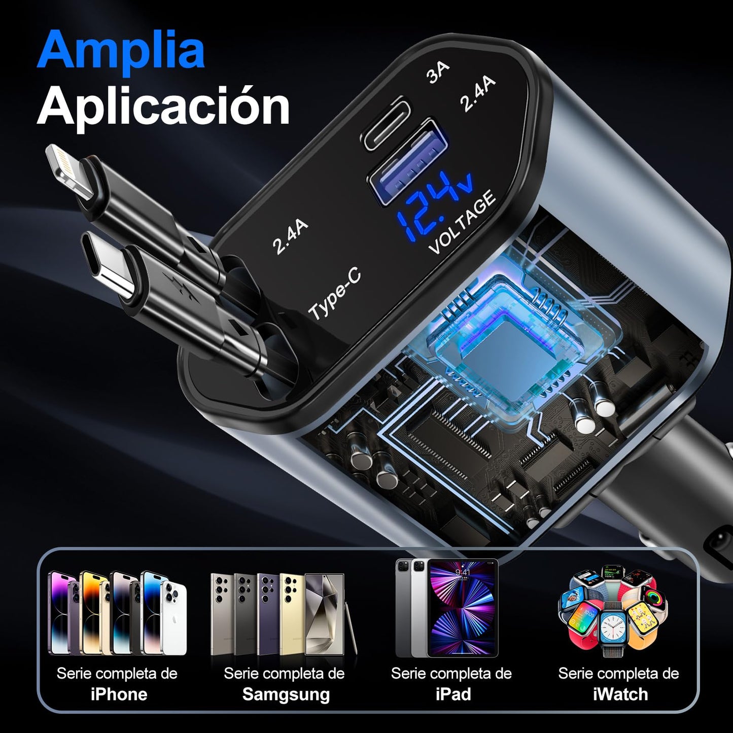 Lostrain Cargador para Auto Tipo C,Cargador de Carro 120W Total Carga Rápida 4 en 1(2 Cables Retráctiles+2 Puertos USB),Adaptador para Coche para Android iPhone 15/14/13 Huawei Xiaomi iPad