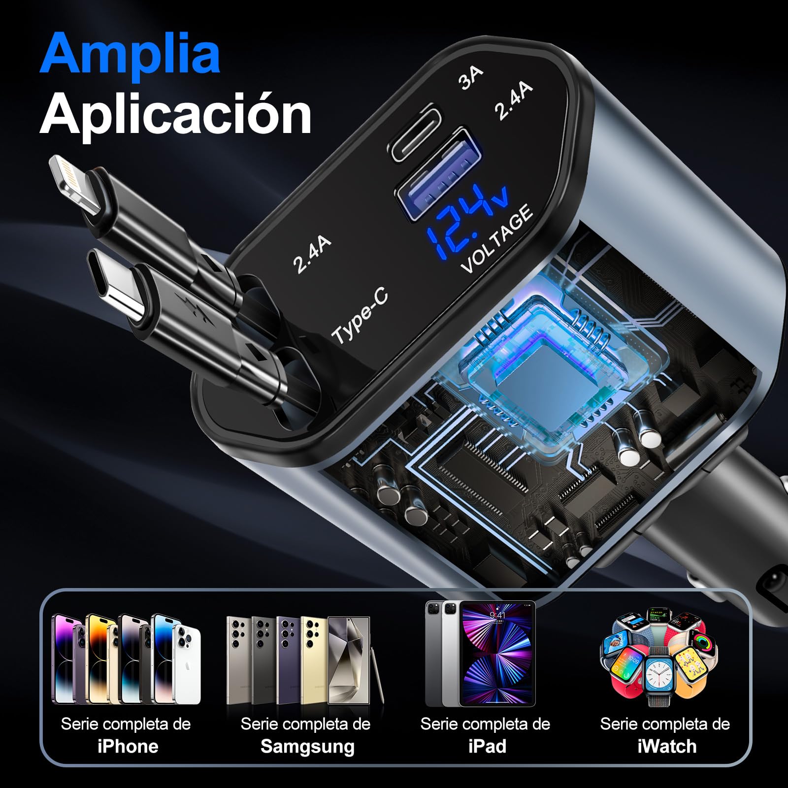 Lostrain Cargador para Auto Tipo C,Cargador de Carro 120W Total Carga Rápida 4 en 1(2 Cables Retráctiles+2 Puertos USB),Adaptador para Coche para Android iPhone 15/14/13 Huawei Xiaomi iPad