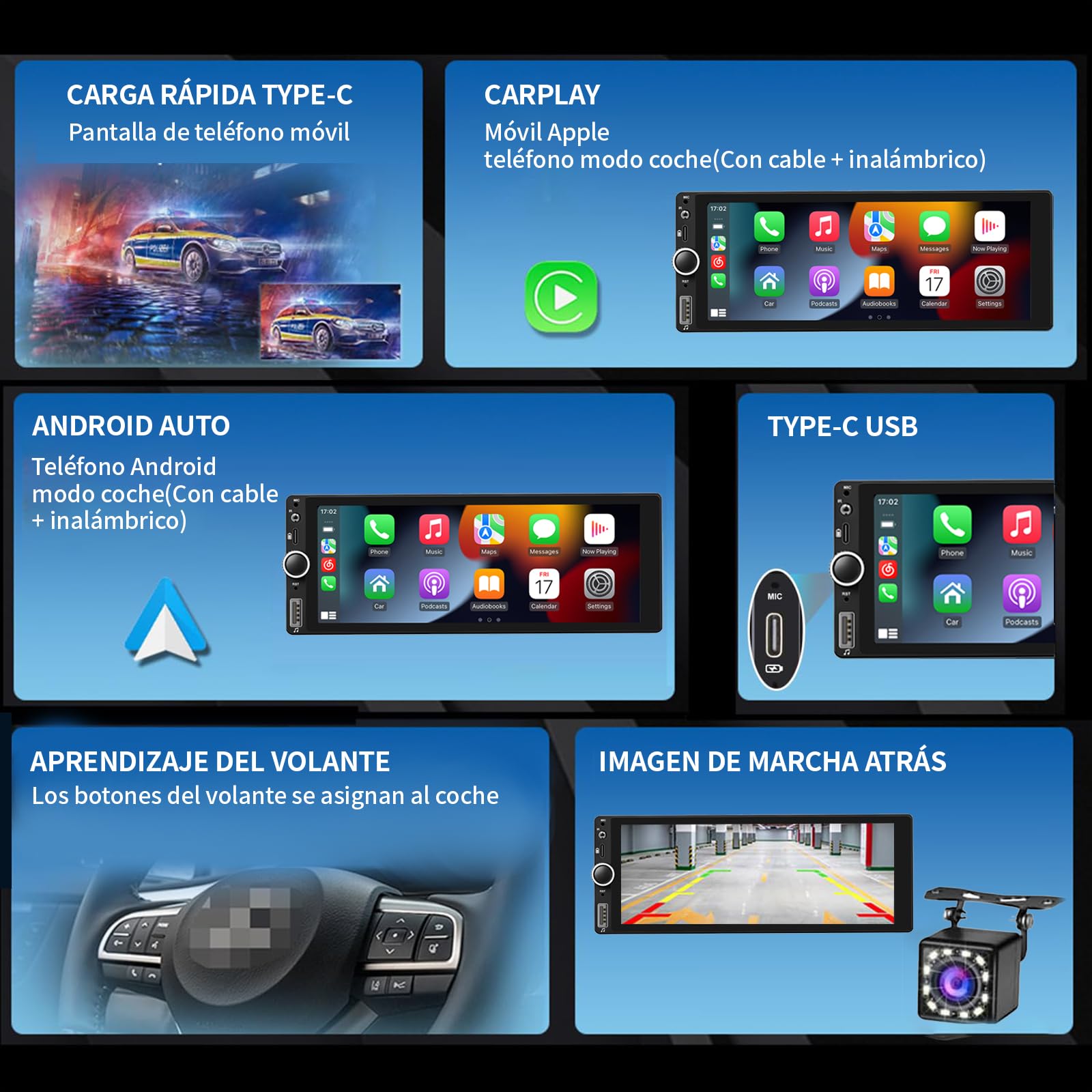 FINYQBET 1 DIN Auto Estéreo Radio de Coche Compatible con Apple CarPlay Android Auto USB Tipo C, visualización táctil de 6.9 Pulgadas, Enlace de Espejo, cámara de Respaldo Bluetooth DSP