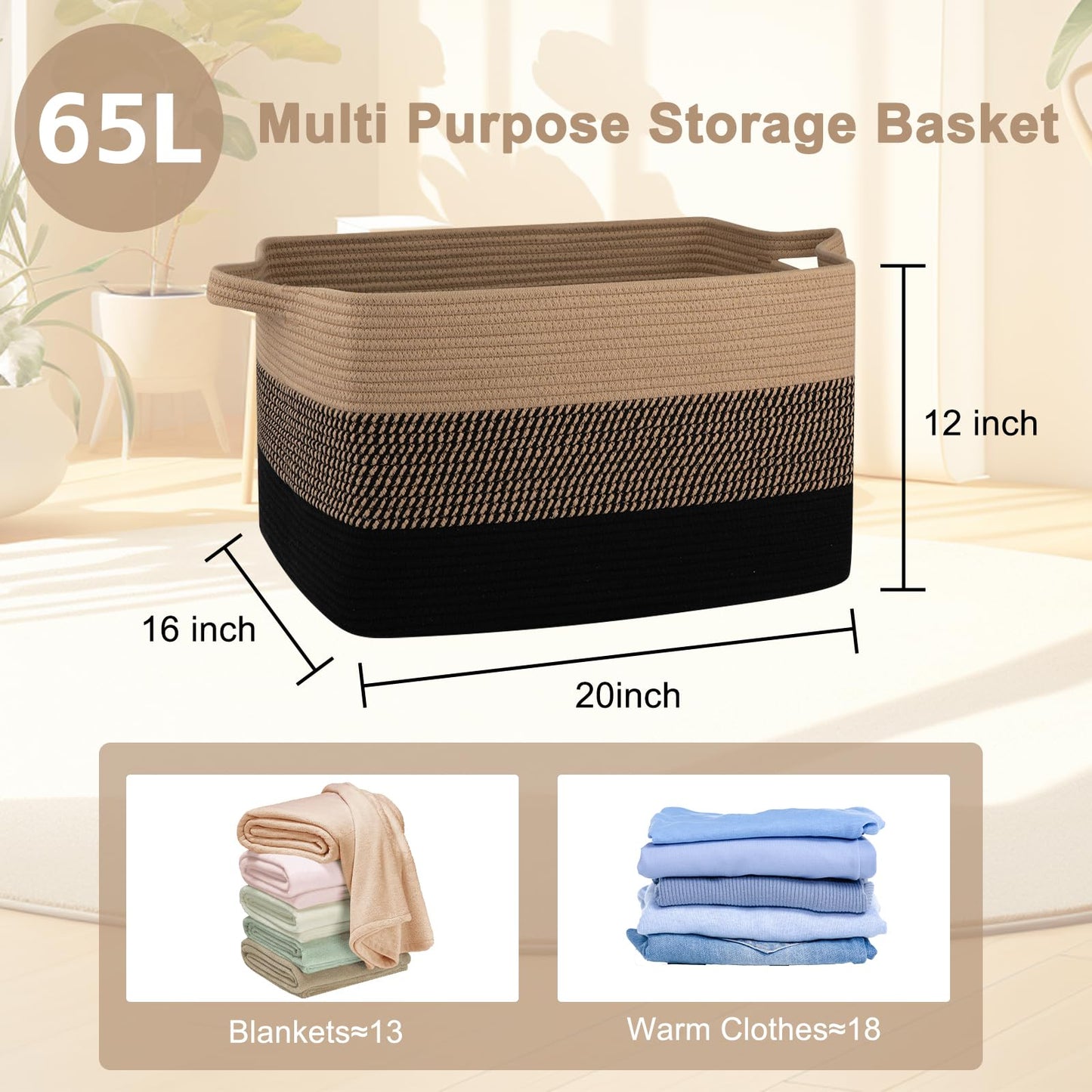OIAHOMY Cesta Grande para Mantas, Cesta de Ropa de Cuerda de Algodón Tejida de 65L, Contenedor de Juguetes para Habitación de Bebé, Contenedor para Almacenamiento de Mantas en Sala de Estar, 20''×16