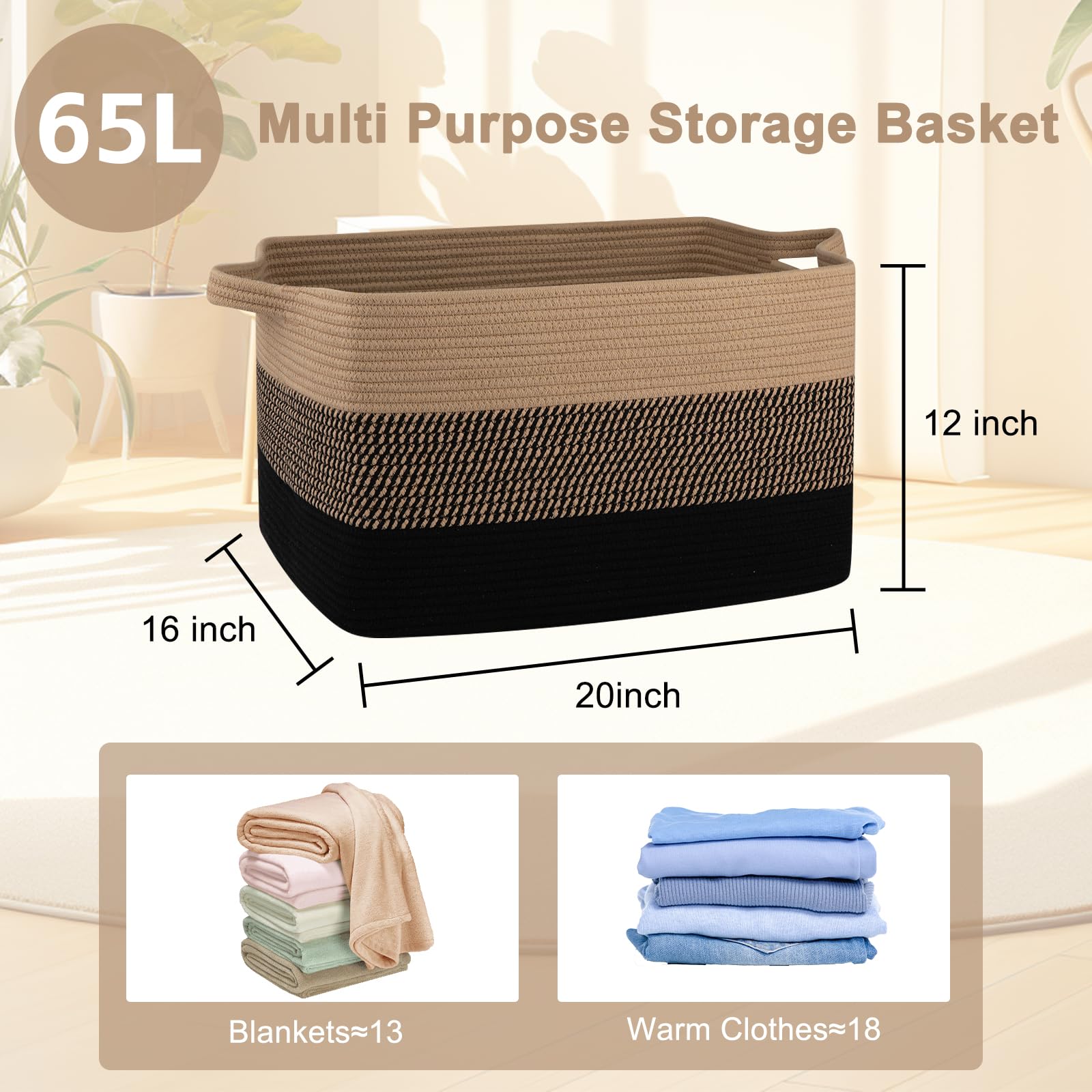 OIAHOMY Cesta Grande para Mantas, Cesta de Ropa de Cuerda de Algodón Tejida de 65L, Contenedor de Juguetes para Habitación de Bebé, Contenedor para Almacenamiento de Mantas en Sala de Estar, 20''×16