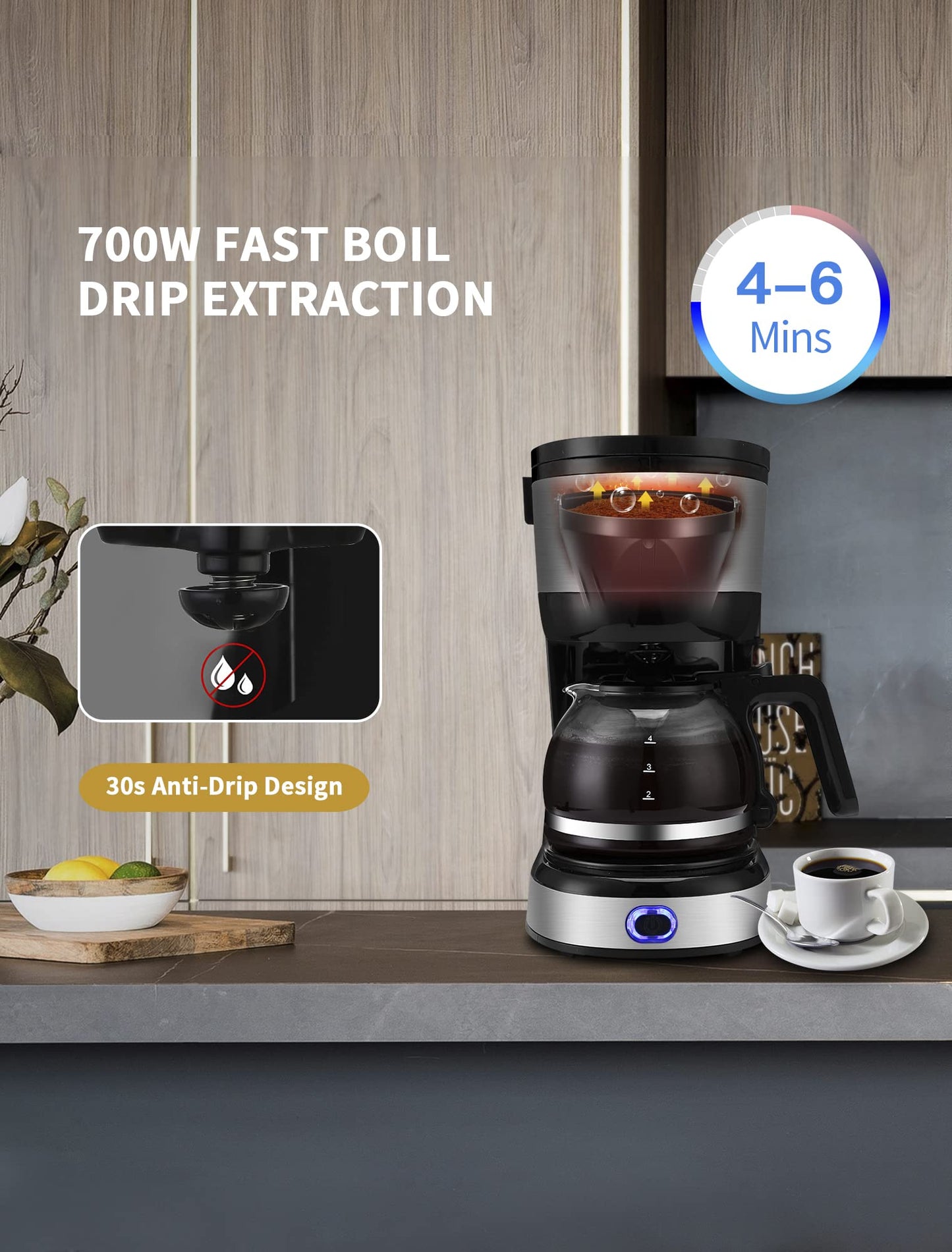 Gevi - Cafetera de 4 tazas con apagado automático, cafetera pequeña con goteo súper automática, cafetera compacta con filtro de cono, jarra de vidrio y placa caliente