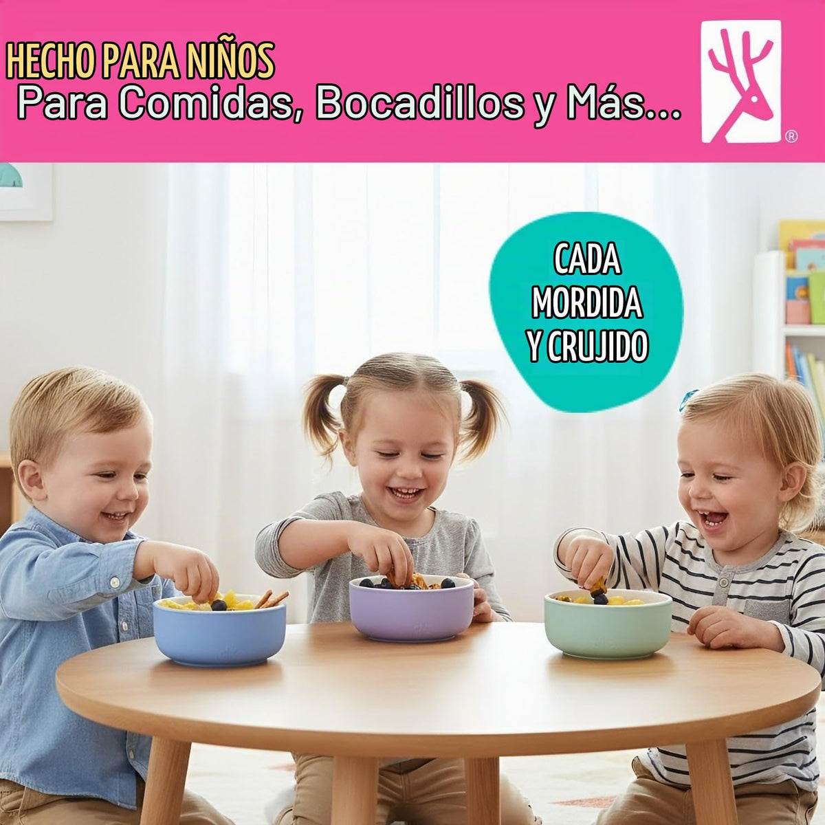 Elk and Friends - Cuencos de porcelana para niños con funda de silicona | Alimentación para niños/niños pequeños/bebés | Apto para microondas y lavaplatos | Antideslizante | Cereal/sopa/aperitivos y