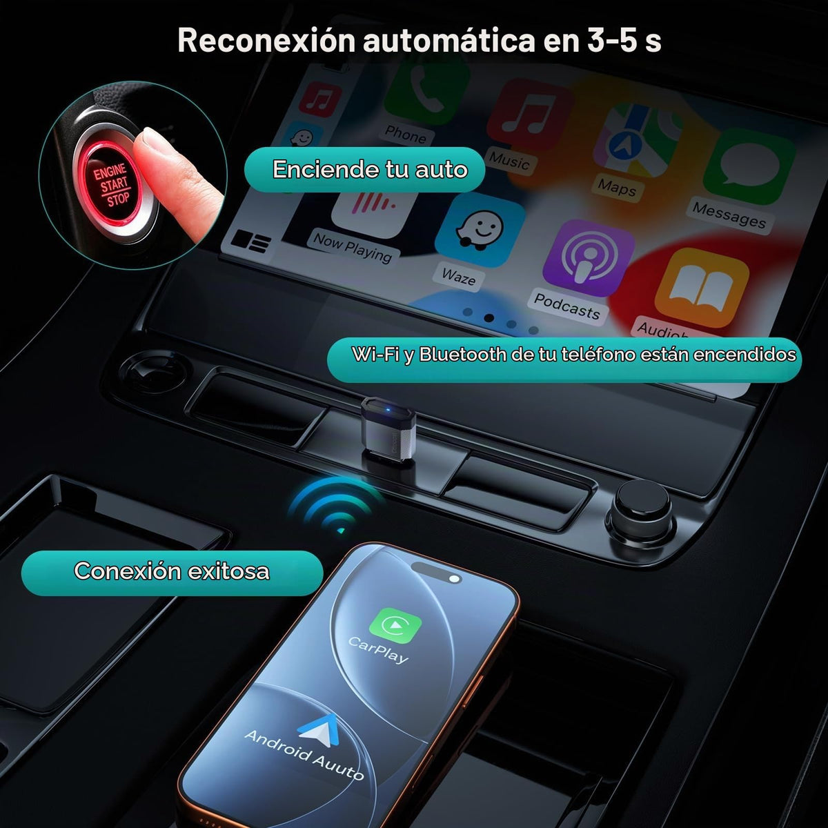 Adaptador Automático Inalámbrico Ottocast Mini Nova 2 en 1 con Reconexión Rápida y Diseño Compacto para Iphone Ios 10+