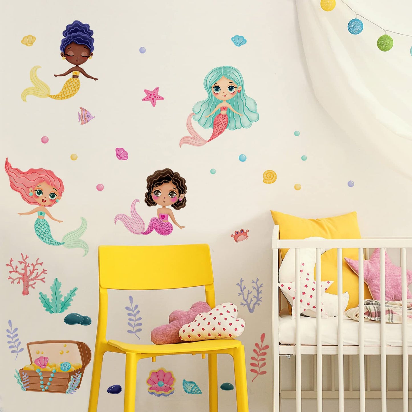 Mfault - Calcomanías de pared de sirena negra bajo el mar, multiculturales criaturas del océano, decoración del cuarto de bebé, arte de sala de juegos, playa costera, burbuja, habitación de niños, cuarto de baño, decoración del hogar