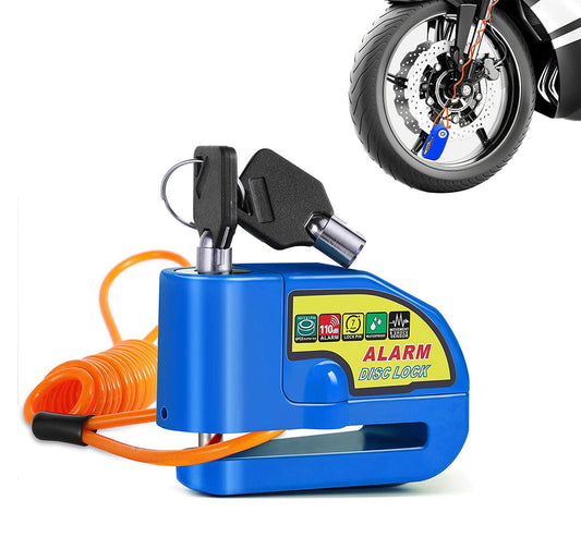Cerradura de alarma de la motocicleta Alarma de disco de freno de la motocicleta Alarma de seguridad antirrobo a prueba de agua 110 decibelios de sonido de alarma con 4,3 pies de cable de alarma Adecuado para scooters Motocicletas azul