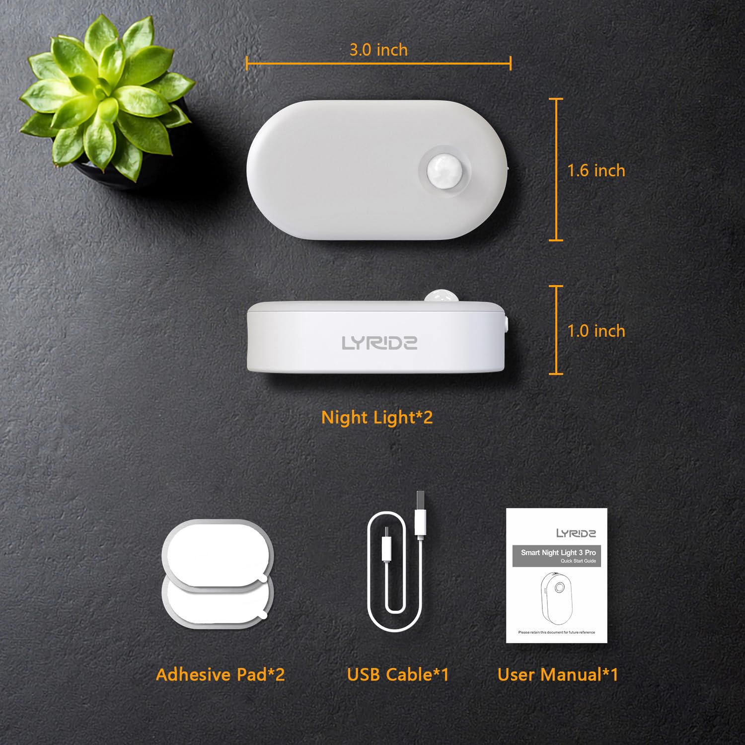 Lyridz - Luz nocturna recargable con sensor de movimiento, mini luz LED blanca cálida para clóset, brillo ajustable para baño, recámara, cocina, clóset, escaleras, pasillo, paquete de 2