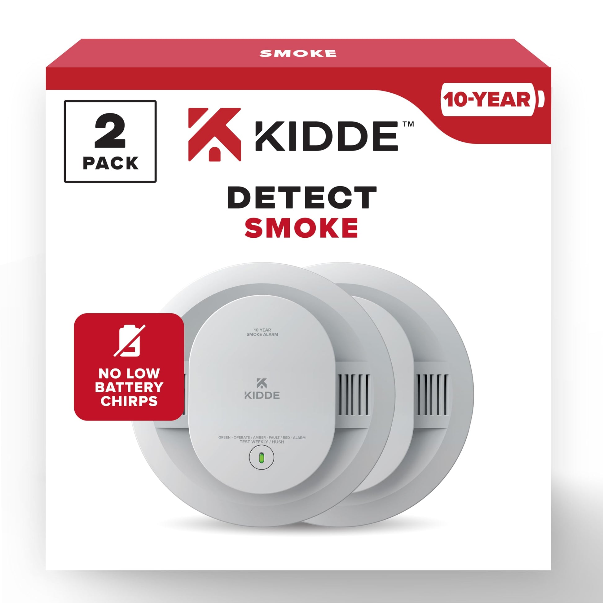 Kidde Detector de humo, alimentado por batería de 10 años, indicadores de luz LED de advertencia, paquete de 2