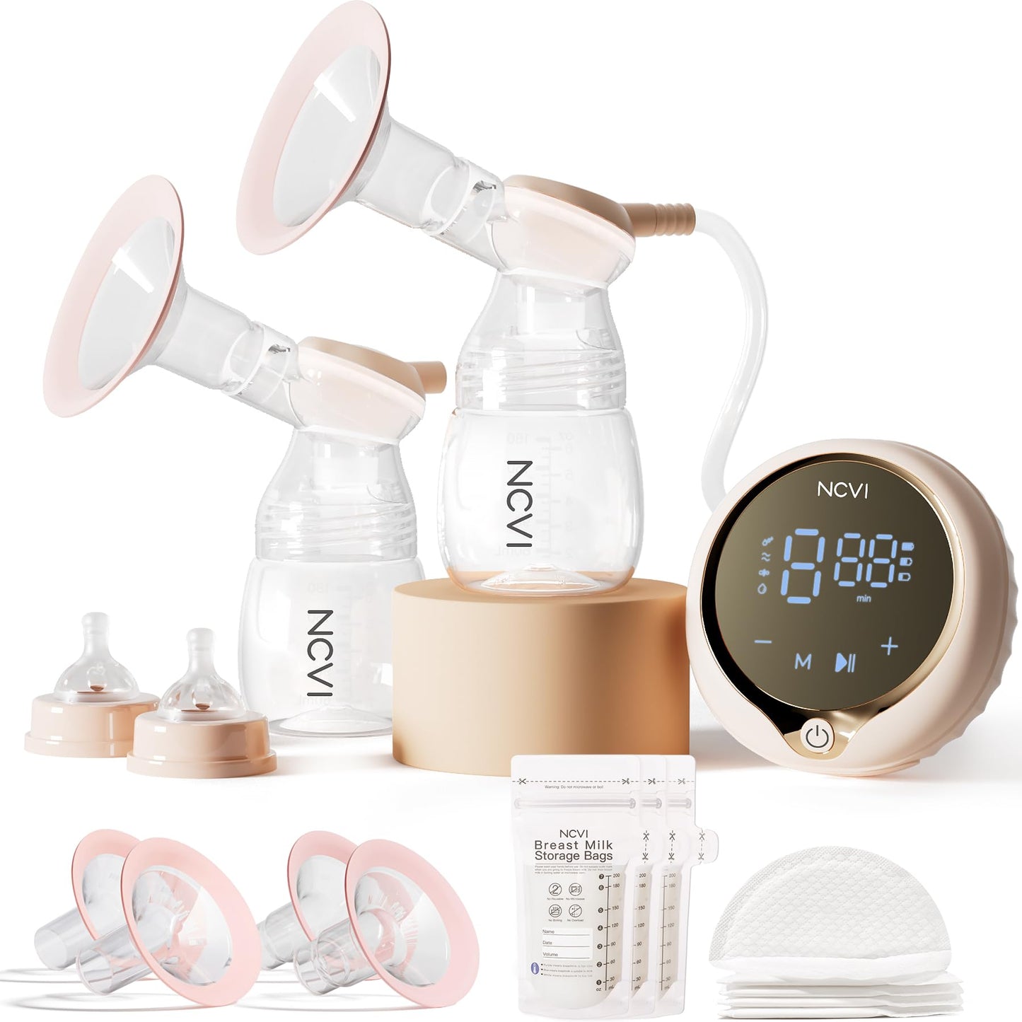 NCVI 8100 - Extractor de leche eléctrico doble con bridas de silicona de 24/28 mm, adecuado para pezones grandes, bomba de lactancia de leche antireflujo con 4 modos | 9 niveles, motor de mano y