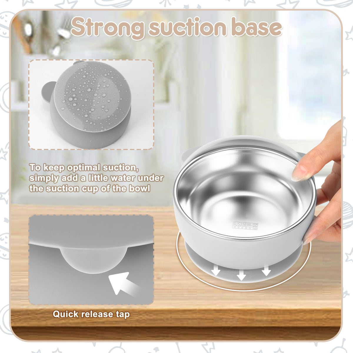 Wesketch - Juego de 4 cuencos de acero inoxidable con succión, cuencos para niños pequeños con carcasa de silicona extraíble para niños, juego de alimentación antideslizante para bebés, apto para