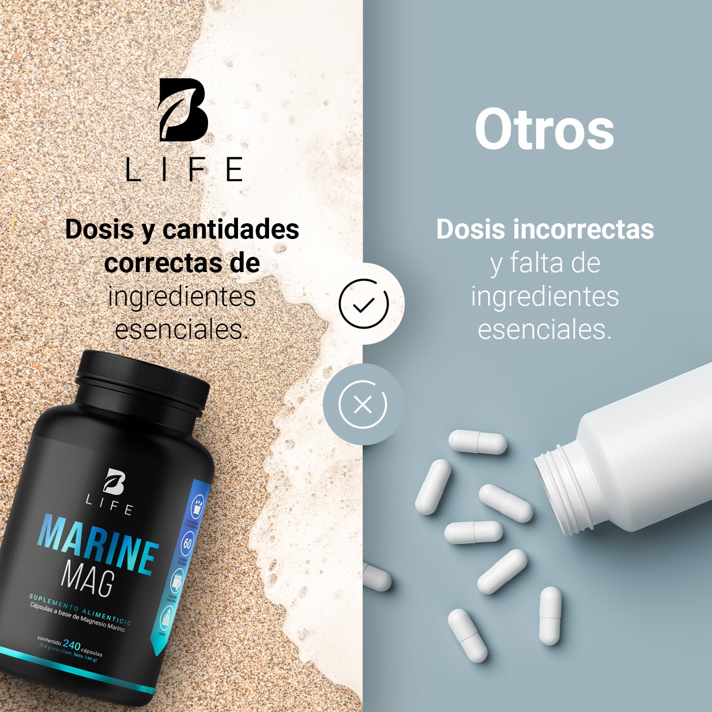 Magnesio Marino de 240 Cápsulas. Ingredientes naturales. Alta biodisponibilidad y absorción. Marine Mag B Life.