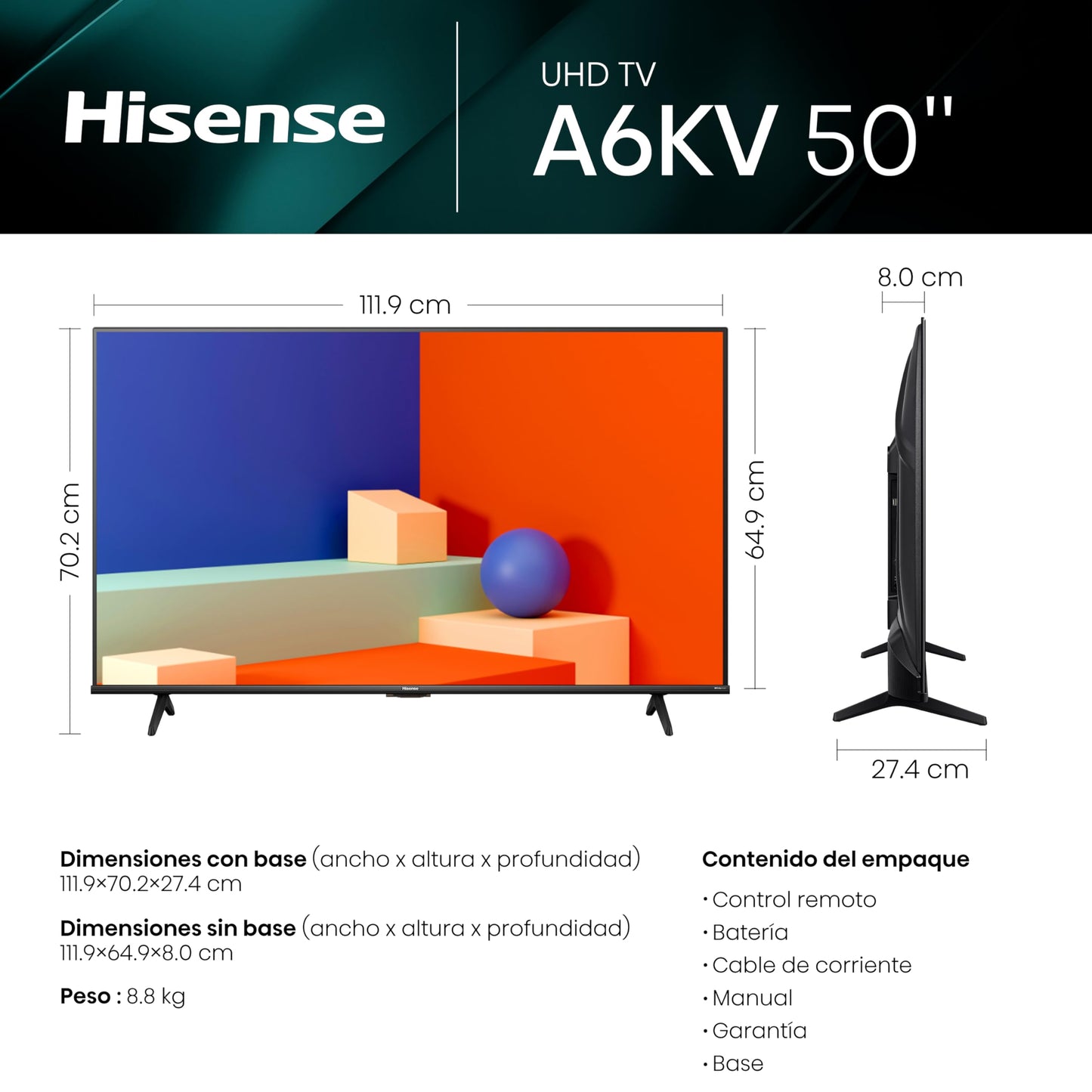 Hisense Pantalla LED 4K de 50" 50A6KV Vidaa TV (2023)